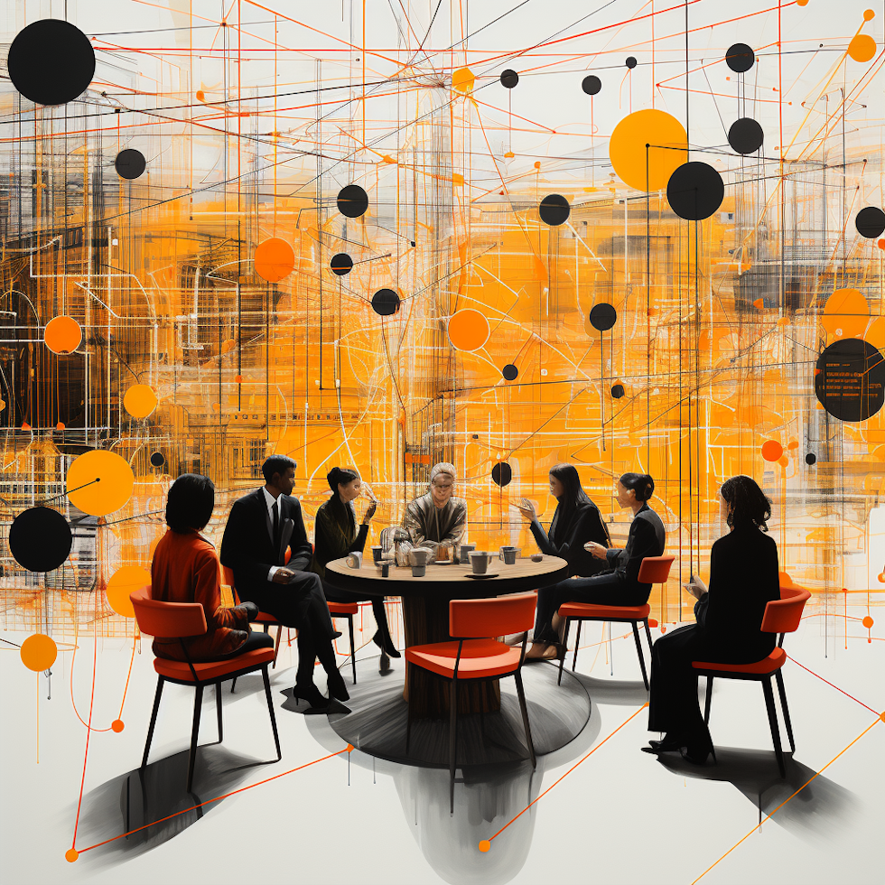 Vivid yellow and black lines intertwine like a complex neural network, forming a bustling cafe where abstract figures sip coffee cups brimming with questions. Each table represents one of the World Café Method's seven principles, from 'Setting the Context' to 'Sharing Collective Discoveries.' Laughter and curiosity fill the air as diverse perspectives engage in a comically surreal dialogue, turning coffee spills into collective discoveries