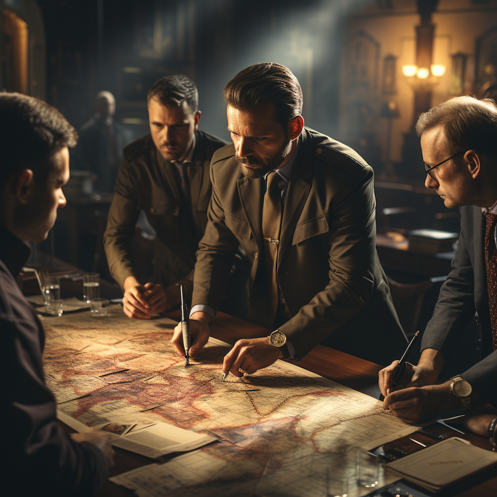 Four men in a dimly lit room, focused intently on a large map spread across a table. The setting has a historical or possibly military feel, emphasized by their attire, which includes trench coats and formal wear. The man at the forefront is pointing to a location on the map, suggesting a strategic discussion or planning session. The atmosphere is serious and concentrated, indicative of an important decision-making process.