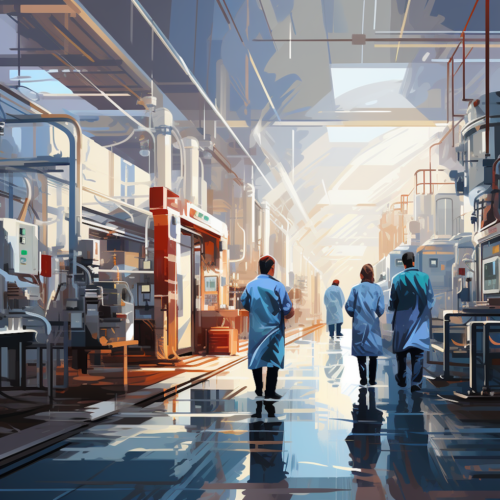 The painting depicts three scientists in a modern laboratory. The scientists are wearing lab coats and safety goggles. The laboratory is brightly lit and there are many machines and pieces of equipment visible. The scientists are walking towards a large door at the end of the laboratory.