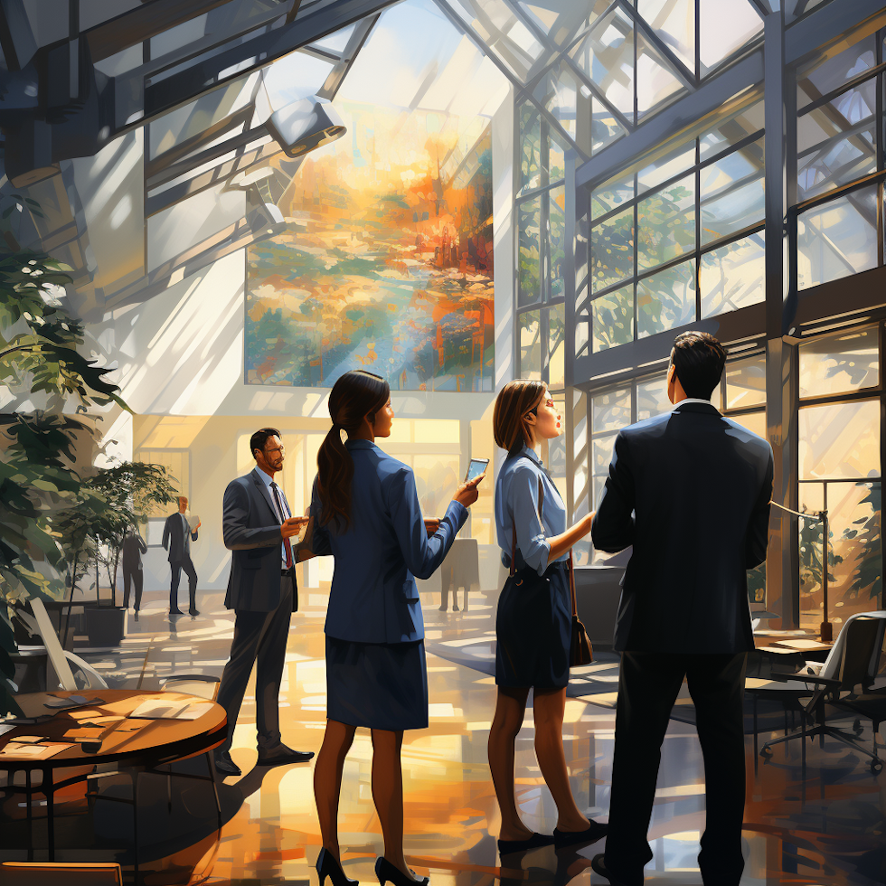The painting depicts a group of business professionals in a modern office space. The professionals are wearing business suits and are engaged in conversation. The office space is brightly lit and there are many plants and pieces of modern furniture visible. The professionals are standing in front of a large painting.