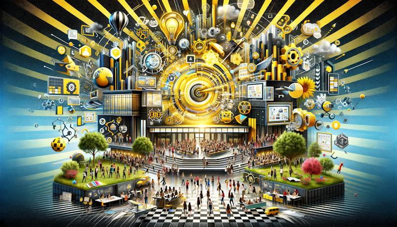 Higher Education Innovations: Navigating Future Learning," presented in an engaging, vibrant, and meaningful manner. The colors and elements in the image are carefully chosen to represent the innovative and dynamic nature of modern higher education.
