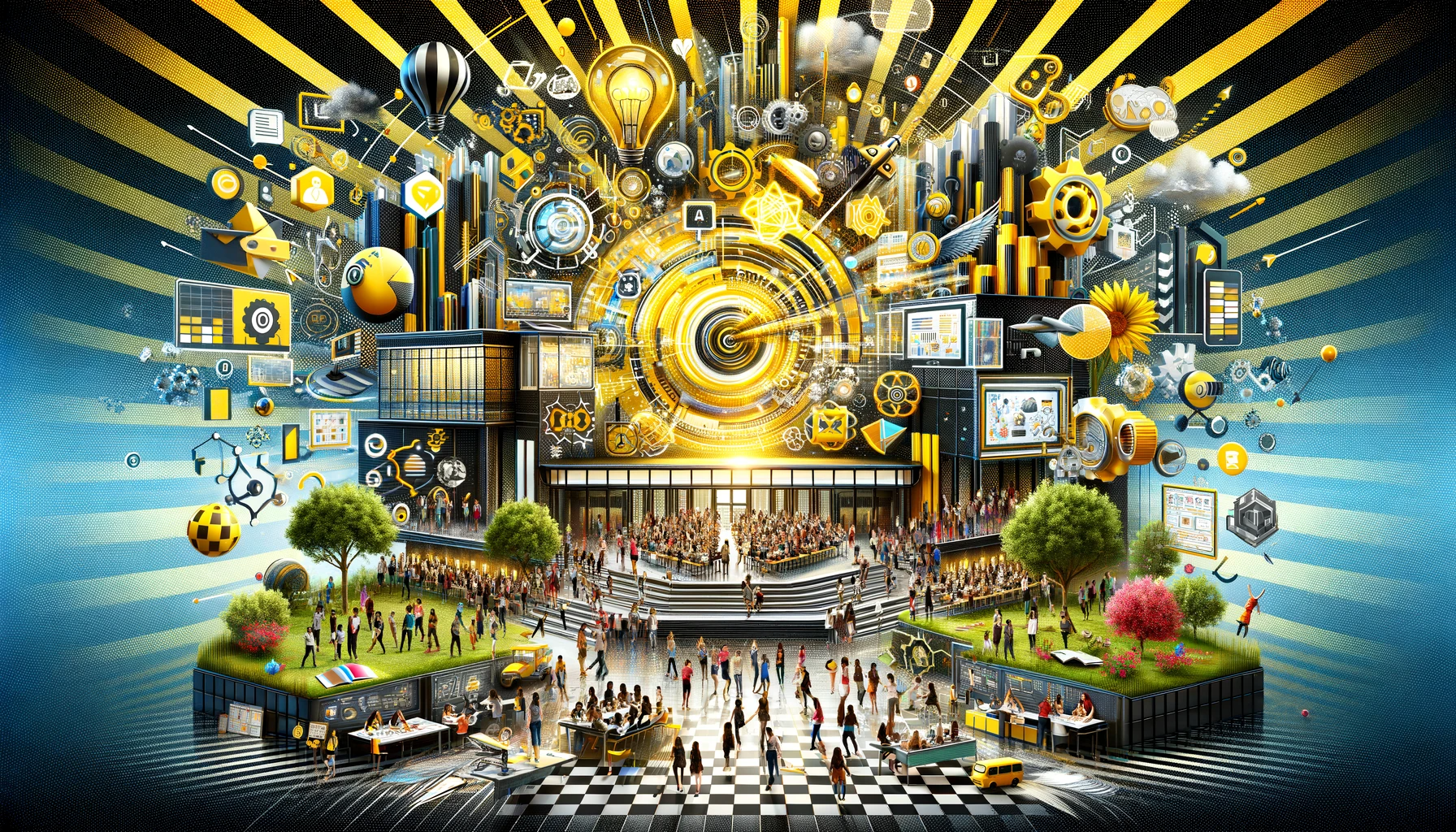 Higher Education Innovations: Navigating Future Learning," presented in an engaging, vibrant, and meaningful manner. The colors and elements in the image are carefully chosen to represent the innovative and dynamic nature of modern higher education.