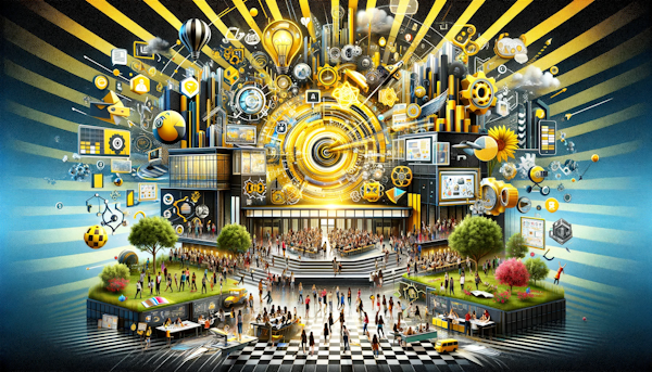 Higher Education Innovations: Navigating Future Learning," presented in an engaging, vibrant, and meaningful manner. The colors and elements in the image are carefully chosen to represent the innovative and dynamic nature of modern higher education.