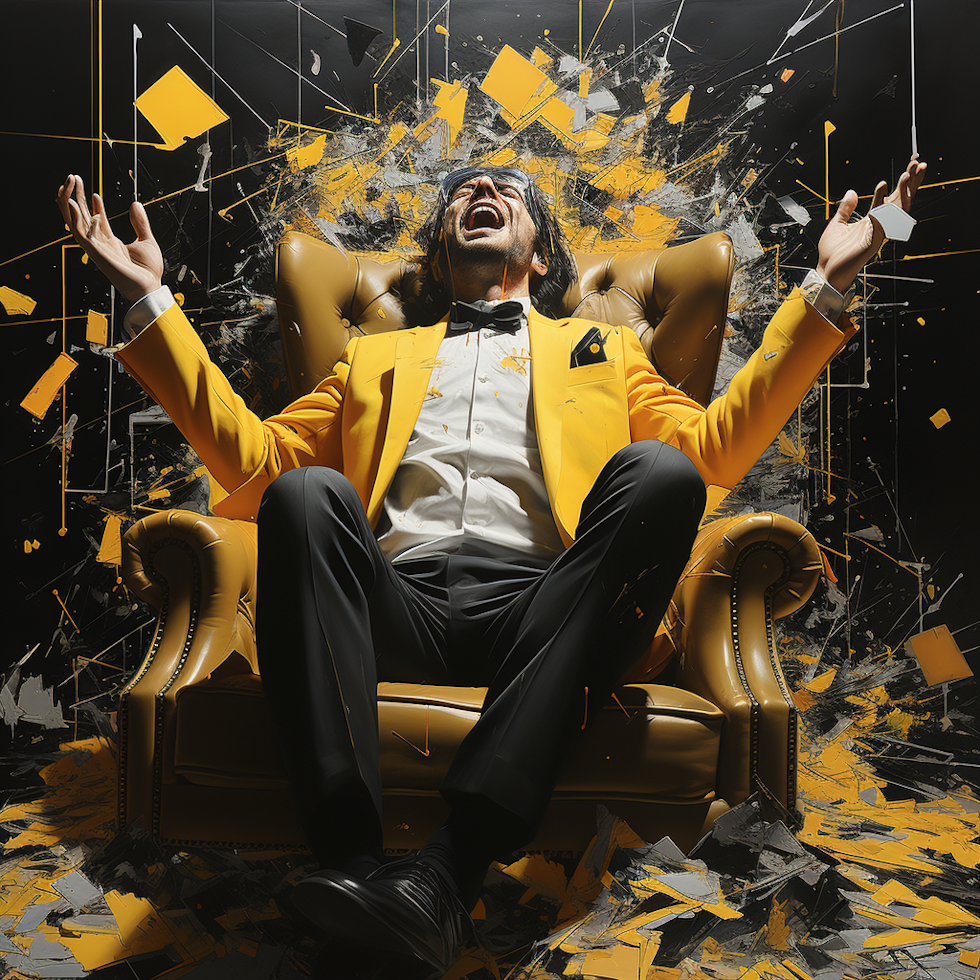 Vibrant hues of sunshine yellow and contrasting jet black paint the canvas, creating a dynamic visual spectacle. In the midst of this chromatic collision stands a surreal, larger-than-life depiction of perplexity. An oversized, comically bewildered clown in a classic black-and-white suit gazes perplexedly at a towering stack of office paperwork, resembling a skyscraper. His oversized yellow shoes seem to have lost their footing, adding to the sense of whimsy.  The clown's painted-on smile and overexaggerated frown lines provide a humorous counterpoint to his bewildered expression. His red rubber nose stands out, symbolizing the lighthearted nature of the challenge before him.  Above, a swarm of yellow balloons with enigmatic question marks emblazoned on them floats in the sky, adding to the sense of confusion and curiosity. They bob and weave in the air, seemingly defying gravity, mirroring the unpredictability of management in an organization.  To the left, a ladder composed of oversized pencils leads nowhere, suggesting the futile attempts to climb the corporate ladder without a clear understanding of management. Meanwhile, to the right, a giant magnifying glass hovers, highlighting the need for scrutiny and analysis.  In the foreground, a banana peel lies conspicuously, serving as a reminder that sometimes even the most serious of organizational matters can take a slippery turn.  The image, in all its surreal glory, humorously encapsulates the perplexing world of management in an organization, where the clown-like confusion, the floating questions, the unsteady ascent, and the need for careful examination all play their parts in the grand, circus-like spectacle of organizational management.