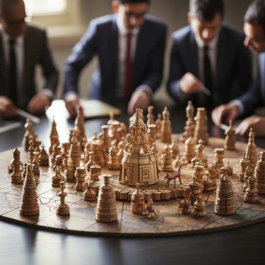 In the image, there are four individuals gathered around a table, deeply engrossed in a game of chess. The chess pieces are intricately detailed and likely handcrafted, much more elaborate than standard chess pieces. The chessboard itself is unusually large and circular, deviating from traditional square chessboards. The players are dressed in formal business attire, indicating they are in a professional setting and possibly using the chess game as a strategic activity or metaphor. The scene evokes themes of planning, strategy, and competition, with the players exhibiting intense concentration and thoughtfulness.