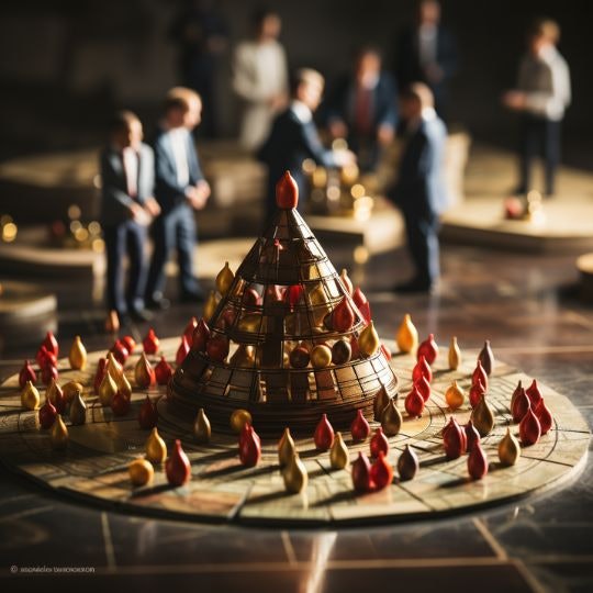 The image features a close-up view of a highly stylized chess set with a three-dimensional, tiered board that culminates in a pointed apex. The pieces are sleek and modern, with a color scheme of red and gold that contrasts sharply against the dark hues of the board. This is not a traditional chess set; it appears to be a custom design, possibly used for a variant of the game or as a decorative element. In the blurred background, several individuals in business attire are interacting, suggesting that this scene could be set in a corporate or formal environment. The focus on the chess set in the foreground with the out-of-focus background creates a sense of depth and implies that the game is at the center of attention, metaphorically or literally, in this setting.