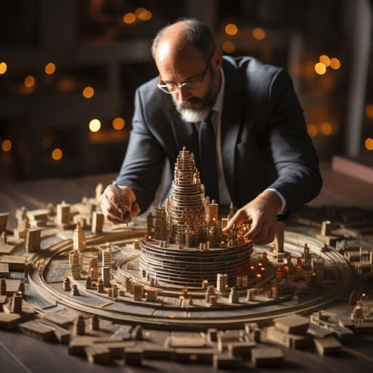 In the image, we see a man leaning over a complex, intricately designed 3D game board with intense focus. The board features a multi-tiered structure with a pointed apex at the top. The man is dressed in a suit and glasses, and he appears to be placing or moving miniature structures with a serious expression. In the background, there are bokeh lights, softly out of focus. The scene suggests that a strategy and concentration-intensive activity, possibly some type of game or model, is being utilized in a business environment.