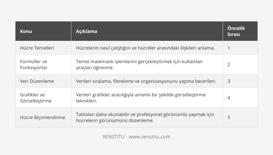 Özetle, Excel öğrenmeye başlarken öncelikle hücre temellerini ve hücreler arasındaki bağlantıları anlamaya odaklanmalısınız. Daha sonra formüller ve fonksiyonlar gibi temel matematik işlemleri öğrenmeye geçebilirsiniz. Diğer önemli konular ise veri düzenleme, grafikler ve görselleştirme ile hücre biçimlendirmedir. Bu temel becerilere hakim olduktan sonra, Excel'deki ileri seviye kavramlar üzerine de eğilmeniz daha kullanışlı ve etkili bir Excel kullanıcısı olmanızı sağlayacaktır. Özellikle iş hayatında, bu becerilerin öğrenilmesi ve geliştirilmesi büyük avantaj sağlamaktadır.