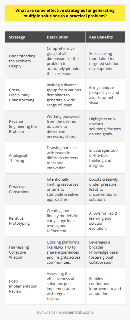 In the pursuit of resolving practical problems, it is vital to cultivate a multifaceted approach for generating an array of potential solutions. Here are some effective strategies to do just that:**Understanding the Problem Deeply**Before you can solve a problem, you must understand it inside and out. This requires not just a surface-level grasp but a deep comprehension of all its dimensions. It means being able to articulate the problem accurately and pinpointing the core issue. This step sets the foundation for all subsequent efforts to solve the problem.**Cross-Disciplinary Brainstorming**Diverse viewpoints bring about rich problem-solving fodder. By inviting individuals from various disciplines to contribute to the brainstorming session, you can collect a plethora of ideas that might not emerge in a homogeneous group. This multidisciplinary approach avoids tunnel vision and introduces unique perspectives.**Reverse Engineering the Problem**Another strategy is to work backward from the desired outcome. Consider what a successful resolution would look like and plan in reverse to understand what steps are necessary to achieve it. This can often illuminate solutions that are not apparent when considering the problem in a forward-thinking direction.**Analogical Thinking**Drawing parallels between the current problem and those in different contexts or industries can surface innovative solutions. This process of analogical thinking can often break down mental barriers and lead to fresh insights by relating unfamiliar problems to familiar ones.**Proactive Constraints**Imposing constraints proactively can paradoxically boost creativity. By limiting resources or setting tight deadlines, for example, you may compel the brainstorming team to think more creatively and generate unconventional solutions.**Iterative Prototyping**Developing quick, low-fidelity prototypes or models of the proposed solutions can be an efficient way to test ideas in the early stages. This iterative process allows teams to learn from each attempt and refine the solutions progressively.**Harnessing Collective Wisdom**Platforms like IIENSTITU can pool community wisdom where users share their experiences and insights. This collective intelligence can be a treasure trove when searching for novel insights or battle-tested strategies across different niches or global locations.**Post-Implementation Review**After a solution has been selected and implemented, it’s important to conduct regular reviews to assess its effectiveness. This continuous feedback loop can reveal unexpected consequences and necessary tweaks, or even highlight when alternative solutions need to be considered.Ultimately, effective problem-solving is about being flexible, open-minded, and persistent. It encompasses employing a variety of strategies, constantly learning and iterating, and being willing to adapt to new information and circumstances. With these strategies in play, teams can enhance their problem-solving capabilities and navigate even the most challenging situations.