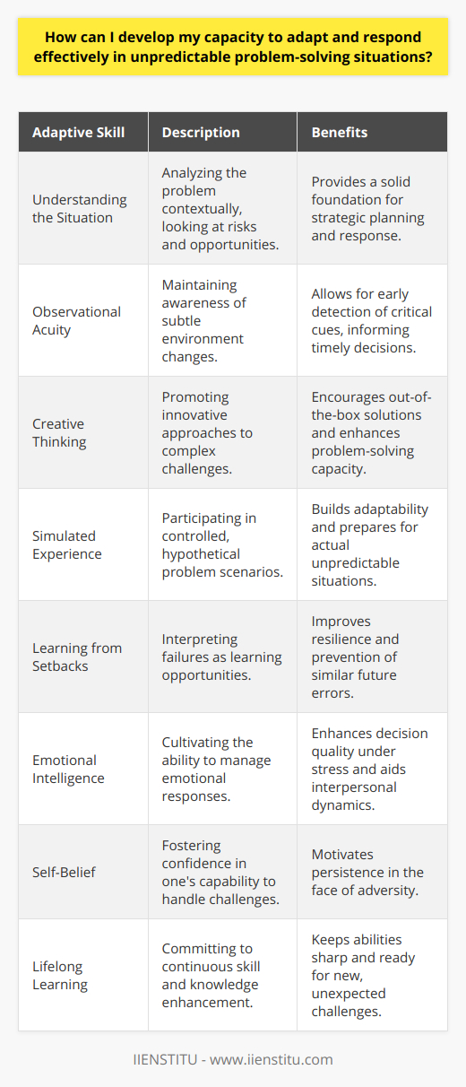 Facilitating Effective Adaptation in Unpredictable Problem-Solving SituationsTo bolster one's ability to adapt and respond effectively in unpredictable problem-solving scenarios, it is imperative to cultivate a deep understanding of the situation at hand. This means dissecting the problem, recognizing its components, including possible risks and opportunities, as well as grasping its significance within a larger context.Enhancing Observational AcuityA sharpened sense of observation plays a pivotal role in adaptive abilities. By keeping a keen eye on subtleties and being alert to changes in the environment, one is often able to pick up critical signals that can guide decision-making in uncertain situations.Stoking the Flames of CreativityNurturing creative thought is essential for devising unique and innovative solutions to complex problems. Creative problem-solving pushes boundaries, prompting individuals to consider diverse perspectives and explore solutions beyond conventional thinking.Experience Through SimulationEngaging in simulated scenarios is a powerful way to boost adaptability. Tailored simulations expose individuals to a plethora of hypothetical challenges, fostering cognitive agility and bolstering the skill set needed to tackle real-world unpredictable problems.Learning from MisstepsRather than seeing setbacks as purely negative, it is crucial to recognize them as formative experiences. Failures illuminate the pitfalls in our strategies, refining our understanding of what to avoid and increasing our adaptive capacity for future endeavors.Emotional Intelligence as a PillarA high degree of emotional intelligence can be a deciding factor in managing the pressure that comes with unpredictable situations. It empowers individuals to keep composed, maintain clarity of thought, and make balanced judgments even when faced with the unknown.The Power of Self-BeliefFaith in one's abilities is the bedrock of venturing into uncharted territory. Self-confidence is crucial as it propels persistence, facilitates recovery from setbacks, and instills the bravery required to confront novel challenges.A Commitment to Lifelong LearningUpholding a commitment to continual self-improvement ensures that one's adaptive skill set keeps pace with an ever-changing world. Perpetual learning is vital for staying relevant and capable of assimilating new knowledge and rapidly applying it when confronted with unprecedented situations.In summation, elevating adaptability in the face of unforeseen problem-solving challenges hinges on a multi-faceted approach: deep comprehension of issues, refined observational prowess, encouragement of inventive thinking, practical experience via simulations, wisdom gained from failures, well-developed emotional intelligence, unwavering self-belief, and a relentless pursuit of personal growth. By fostering these qualities, individuals are well-equipped to handle the unpredictable with confidence and dexterity.