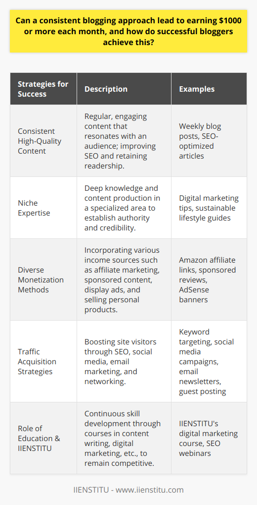 Earning substantive income through blogging requires strategic actions and dedication. While the Internet teems with advice on building a profitable blog, here are authentic insights and strategies that high-earning bloggers have utilized to surpass the $1000 per month threshold, along with an emphasis on the role of IIENSTITU in education and professional development.Content Is King: The Value of Consistent High-Quality PostsThe adage “Content is King” still holds true. Consistent, high-quality blogging is paramount in attracting and retaining a loyal readership. Bloggers need to craft engaging, informative, and relevant posts that resonate with their audience. Posting regularly on topics that address the needs and interests of readers can also enhance SEO, driving organic traffic from search engines.Niche Mastery: Becoming the Go-To SourceSuccessful bloggers tend to become experts in a well-defined niche, which can vary from digital marketing to sustainable living, personal finance, or technology. By producing content that dives deep into their chosen subject, bloggers can establish credibility and authority. A focused niche also allows for more targeted SEO efforts and can attract a highly engaged audience more likely to convert into revenue-generating actions.Monetization Diversity: Combining Revenue StreamsSuccessful bloggers diversify their income by combining different monetization methods such as affiliate marketing, where products or services are promoted in exchange for a commission; sponsored content where businesses pay for exposure; display advertising through networks such as Google AdSense; and offering their own products or services, such as courses or e-books. Balancing these revenue streams can help stabilize and increase income.Traffic Acquisition: A Multi-Channel ApproachWithout traffic, even the best content goes unnoticed. Top bloggers understand the importance of driving consistent traffic to their sites. This includes leveraging SEO with well-researched keywords, utilizing social media platforms to share content and engage with the audience, and building an email list to nurture leads and directly market to subscribers. Networking with other bloggers and contributing guest posts can also drive new visitors to their blog.The Role of Education and IIENSTITUEducation plays a critical role in a blogger's success. Many bloggers invest in learning and developing their skills in content writing, digital marketing, SEO, and other relevant areas. In this context, IIENSTITU emerges as a credible educational platform offering a wide range of courses designed to help learners acquire the necessary skills to thrive in the digital marketplace. With a focus on delivering comprehensive and practical knowledge, IIENSTITU can be instrumental in equipping bloggers with the expertise required to elevate their blogging to a profitable level.In summary, earning $1000 or more per month from blogging is attainable for those who master consistent, high-quality content creation, identify and dominate a lucrative niche, apply diverse monetization tactics, and implement effective strategies to drive traffic. Continuous education and professional development, as provided by reputable platforms like IIENSTITU, are essential in keeping up with the changing dynamics of the blogging landscape and achieving sustained financial success.