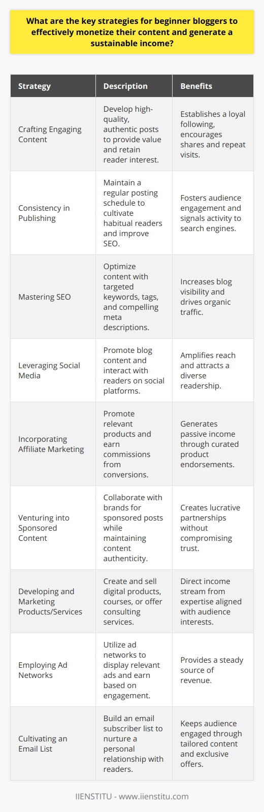 As a beginner blogger aiming to monetize content and generate a sustainable income, certain key strategies can be pivotal to success. Here is a curated guideline on how to turn a passion for writing into a financially rewarding endeavor.**Crafting Engaging and Authentic Content**The heart of a successful blog is captivating content. High-quality posts that provide value to readers encourage repeat visits and shares, ultimately establishing a loyal following. It's critical to understand your niche and audience, creating content that resonates and addresses their needs and interests.**Consistency in Publishing**A predictable posting schedule helps develop a habit among your readers to look forward to your content. Regular updates not only foster audience engagement but also signal to search engines that your site is active, enhancing your SEO efforts.**Mastering Search Engine Optimization (SEO)**A blog's visibility in search engine results is greatly influenced by SEO. By integrating targeted keywords naturally, optimizing tags, and creating compelling meta descriptions, you can significantly boost your blog's online presence, thus driving organic traffic to your site.**Leveraging Social Media Outreach**Utilizing social media platforms is a potent tool for content promotion. Creating shareable blog content and engaging with your audience on these platforms can amplify your reach and attract a wider readership.**Incorporating Affiliate Marketing**Affiliate marketing involves promoting products or services relevant to your content and receiving a commission for conversions. By strategically placing affiliate links within your blog, you encourage your readers to explore products you endorse, leading to passive income.**Venturing into Sponsored Content**A mutually beneficial partnership with brands for sponsored posts can be lucrative. It's important to maintain a balance between sponsored content and personal content so your blog doesn't lose its authenticity and trust among readers.**Developing and Marketing Products or Services**Your expertise might allow you to create digital products such as e-books, courses, or offer services like coaching or consulting. By marketing these on your platform, you cater to your audience's desire to learn more, creating an income stream tied directly to your blog.**Employing Ad Networks**Ad networks, when used appropriately, can provide a steady source of revenue. They display ads that are relevant to your content and readership, and you earn money based on ad engagement.**Cultivating an Email List**An email subscriber list is a goldmine for bloggers. Through emails, you can nurture a more personal relationship with your audience, keeping them informed and engaged with tailored content and exclusive offers.By weaving these strategies into your blogging blueprint, you can pave the way not just for short-term financial gains but for a thriving blog that sustains itself financially in the long run. It's imperative to maintain the quality of your content and to keep your readers at the forefront of every strategy you implement, as they are the foundation of your blog's success.