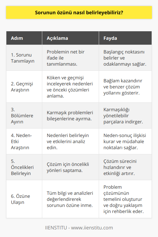 Sorunun özünü belirlemek, çözüm sürecinin en kritik adımlarından biridir ve sorunun daha hızlı ve etkili bir şekilde çözülmesine yardımcı olur. Sorunun özünü belirlerken aşağıda belirtilen adımları takip etmek işinizi kolaylaştıracaktır.1. Sorunu tanımlayın: Öncelikle, sorunu net bir şekilde tanımlamanız ve üzerinde çalıştığınız problemin ne olduğunu anlamanız gerekmektedir. Sorunun ne olduğu hakkında somut ve öz bir ifade kullanarak başlangıç yapılmalıdır.2. Sorunun geçmişini araştırın: Sorunun kökenini ve geçmişini incelemek, nedenleri ve sonuçları arasındaki bağlantıları daha iyi anlamanıza yardımcı olacaktır. Ayrıca, benzer durumlarla nasıl başa çıkıldığı hakkında bilgi edinerek, mevcut sorununuzu çözmek için fikirler geliştirebilirsiniz.3. Sorunu bölümlere ayırın: Karmaşık sorunlarla karşılaşmanız durumunda, öncelikli olarak sorunu parçalara ayırarak ele almak oldukça önemlidir. Bu yöntemle, her bir parçayı ayrı ayrı inceleyerek karmaşıklığı azaltabilir ve sorunun özüne daha kolay ulaşabilirsiniz.4. Nedenleri ve etkileri arayın: Sorunun nedenlerini belirleyin ve bu nedenlerle bağlantılı etkileri ortaya çıkarın. Sorunun özünü belirlemeye çalışırken, neden-sonuç ilişkisini göz önünde bulundurarak işlemleri gerçekleştirmelisiniz.5. Öncelikleri belirleyin: Sorunun hangi yönlerinin öncelikli olarak çözülmesi gerektiğini belirleyin. Bu, süreci daha hızlı hale getirecek ve nihai sonuca daha etkili bir şekilde ulaşmanızı sağlayacaktır.6. Sorunun özüne ulaşın: Tüm bu adımları tamamladıktan sonra, topladığınız bilgileri ve analizlerinizi gözden geçirerek sorunun özüne ulaşmalısınız. Sorunun özü, problemin en temel ve esas yönlerini içerir ve çözüm yaklaşımının odak noktası olmalıdır.Sonuç olarak, sorunun özünü belirlemek etkili problem çözme becerileri gerektiren önemli bir süreçtir. Bu süreçte farklı bilgi ve yöntemlerden faydalanarak, probleminizin ne olduğunu, nedenlerini ve etkilerini doğru ve kalıcı bir çözüme ulaştırmak için kullanabileceğiniz yöntemler belirleyebilirsiniz. Bu sayede, sorununuzu daha etkili ve başarılı bir şekilde çözebilirsiniz.