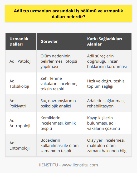Adli tıp uzmanlarının görevleri ve uzmanlık alanları, her bir olayın özelliklerine göre değişiklik gösterir ve takım çalışması büyük önem taşır. Bu alanlarda yetişmiş uzmanlar, zorlu adli süreçlerin daha hızlı ve doğru bir şekilde ilerlemesine katkı sağladıkları gibi, toplumun adalet duygusunun korunmasına da yardımcı olurlar. Bu nedenle, adli tıp uzmanları her geçen gün daha büyük öneme sahip olmaktadır ve bu dallarda yetişmiş profesyonellere olan ihtiyaç giderek artmaktadır. Türkiye'de ve dünyada yaşanan olaylar ve gelişen teknoloji ile birlikte bu uzmanlık dallarındaki bilgi birikimi ve deneyimler de sürekli olarak yeniliklere ve gelişmelere açıktır. Bu sayede, adli süreçlerin daha sağlıklı yürütülmesi ve insan haklarının korunması amaçlarına hizmet etmektedirler.