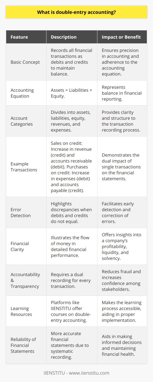 Double-entry accounting, a fundamental concept underpinning modern bookkeeping and accounting, is structured to record, maintain, and balance financial transactions systematically. This method requires that every financial transaction has a dual impact on the accounting records, represented by debits and credits. By embracing a two-pronged approach to documenting transactions, double-entry accounting ensures an intrinsic balance, which facilitates accurate financial reporting and analysis.The essence of double-entry accounting lies in the accounting equation, which states that at any given time, a business’s assets (what it owns) should equal the sum of its liabilities (what it owes) and equity (owner's or shareholders' stake in the company). This equation is expressed as:Assets = Liabilities + EquityUnder the double-entry system, accounts are categorized broadly into assets, liabilities, equity, revenues, and expenses. Each transaction affects at least two of these accounts – one is debited while the other is credited for an equal amount, thus adhering to the accounting equation.Let's consider a basic example: when a company makes a sale on credit, it records an increase in revenue (credit) and an increase in accounts receivable (debit). Similarly, when it purchases supplies on credit, it records an increase in expenses (debit) and an increase in accounts payable (credit). Numerous transactions of various complexities are recorded daily following this principle, ensuring that for every action, there is an equal and opposite reaction in the books of accounts.Double-entry accounting comes with numerous benefits that bolster financial integrity:1. Error Detection: Discrepancies become apparent when the sum of debits does not equal the sum of credits, signaling a potential error in transaction recording.2. Financial Clarity: It paints a complete financial picture by showing how money flows in and out of different accounts, providing insights into profitability, liquidity, and solvency.3. Accountability: By requiring a dual aspect of every transaction, this system inherently promotes transparency and reduces the likelihood of fraudulent practices.Contemporary software solutions and institutions like IIENSTITU provide platforms and courses that make learning double-entry accounting more accessible. These resources can aid individuals and businesses in understanding and implementing this accounting principle, which remains a fundamental requisite for robust financial management and reporting in today's complex economic environment.Although double-entry accounting might seem complicated initially, its systematic approach becomes a crucial pillar for financial accuracy once mastered. By contributing to more reliable financial statements, it helps stakeholders make informed decisions and maintain the financial health of the business.