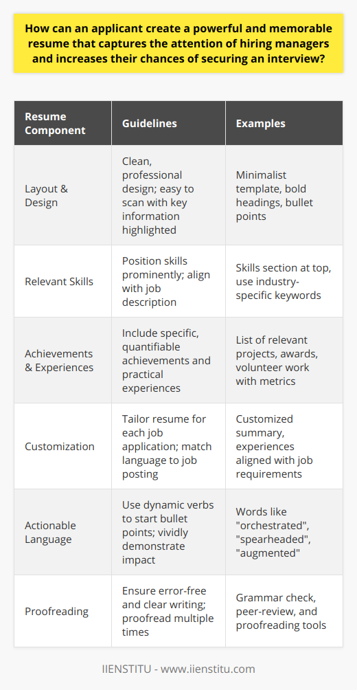 Creating a Robust ResumeIn today's competitive job market, having a well-constructed resume is critical for capturing the attention of hiring managers and increasing the probability of landing an interview. A powerful resume acts as a personal marketing tool, and creating one requires a strategic approach, starting with the right layout and design. An effective layout is clean and professional, facilitating quick scanning while ensuring that key information stands out.Prioritizing Relevant SkillsWhen developing your resume, it's vital to emphasize skills pertinent to the job description. These skills should be positioned prominently on your resume, such as in a dedicated skills section or summary at the top of the document. As hiring managers often review applications quickly, prominently displayed skills can effectively grab their attention and keep it.Achievements and Practical ExperiencesThe inclusion of specific achievements and practical experiences can significantly enhance the impact of your resume. Items to consider showcasing are relevant internships, volunteer work, successfully completed projects, awards, and certifications. Concrete examples of your accomplishments are not only evidence of your capabilities but also help to distinguish you from other candidates. Quantifying these achievements where possible can provide a clearer sense of your potential contributions to the employer.Customizing Resume for Each ApplicationA common mistake job seekers make is using a one-size-fits-all resume for every application. To avoid falling into this trap, tailor your resume for each role you apply for. This means adjusting the language to match the job posting, emphasizing the most relevant experiences, and showing how your skills align with the company's needs. Customization demonstrates a genuine interest in the role and can persuade recruiters that you're a serious candidate well-suited for the position.Use of Actionable LanguageA compelling resume uses strong, actionable verbs that breathe life into your experiences. Use dynamic words like led, managed, engineered, facilitated, or innovated to start bullet points in your experience section. This approach not only makes your resume more engaging but also lets you demonstrate your impact in previous roles more vividly.Proofreading the DocumentNo matter how impressive the content of your resume is, grammatical errors or typos can severely damage your professional image. Before submitting your resume, proofread it multiple times to catch and correct any mistakes. Clear and error-free writing indicates a high level of care and professionalism, traits that are universally appreciated by employers.In conclusion, by strategically emphasizing relevant skills, demonstrating tangible achievements, customizing content for each role, employing impactful language, and ensuring a flawless presentation, job applicants can create robust resumes. These well-crafted documents serve not only as essential tools for securing interviews but also as memorable introductions to potential employers, ultimately accelerating the job search journey.