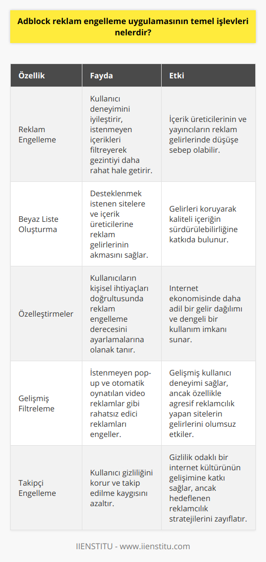 Ancak, unutmamak gerekir ki reklamlar, birçok içerik üreticisi ve yayıncı için önemli bir gelir kaynağıdır. Adblock ve benzeri uygulamaların kullanımının yaygınlaşması, üreticilerin gelirlerinin azalmasına yol açabilir. Bu nedenle ideal olarak, kullanıcıların desteklemek istedikleri içerik üreticilerine ve sitelere yönelik reklam engelleme özelleştirmelerini yapacakları beyaz listeler kullanmaları, internette dengeyi koruma ve kaliteli içeriklerin devamının sağlanmasında önemli bir faktördür.