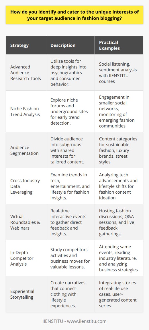 Identifying and catering to the unique interests of your target audience in fashion blogging requires a multi-faceted approach that includes research, engagement, and adaptability. Here's a comprehensive method to accomplish this, with an emphasis on practical strategies that aren't widely discussed:Conducting Audience Research with Advanced ToolsBeyond basic analytics, fashion bloggers can utilize advanced research tools that delve into psychographics and consumer behavior. Tools like IIENSTITU offer courses and insights into the use of innovative software for better understanding your audience through social listening and sentiment analysis.Analyzing Fashion Trends Through Niche PlatformsWhile it’s common to use platforms like Instagram and Pinterest to gauge popular trends, fashion bloggers should also explore niche forums, smaller social networks, and underground fashion websites. These sources often reveal emerging trends before they hit the mainstream, allowing bloggers to position themselves as trendsetters.Segmenting Your AudienceSuccessful fashion bloggers know their audience is not monolithic. They segment their audience into subgroups with more precise interests, such as sustainable fashion advocates, luxury brand aficionados, or street style enthusiasts. By tailoring content to these distinct segments, bloggers can create highly relevant content and foster a stronger connection.Leveraging Data from Non-Fashion IndustriesFashion isn’t isolated from other sectors; it’s influenced by them. Forward-thinking bloggers analyze consumer trends in areas such as technology, entertainment, and lifestyle to predict how these sectors might intersect with fashion. Such cross-industry insights can lead to innovative content ideas that resonate deeply with an engaged audience.Hosting Virtual Roundtables and WebinarsInteracting with your audience doesn't have to be one-way or asynchronous. Hosting virtual events like roundtables and webinars provides real-time interaction and feedback. You can gather direct insights into their fashion interests, concerns, and the kind of content they wish to see on your blog.Performing In-Depth Competitor AnalysisWhile some competitor analysis advice stops at following other fashion bloggers, digging deeper can be revealing. Attend the events they attend, read the books they read, and study the business moves they make. This deeper level of competitor understanding can offer lessons on what resonates with your shared audience and identify gaps in their approach that you can fill.Creating Experiential StorytellingRather than just showcasing fashion, weave a narrative that includes the lifestyle and experiences associated with the clothing and accessories. By doing so, you create a richer context that helps your audience form emotional connections with your content.In sum, fashion bloggers can identify and cater to their audience's unique interests through immersive audience analysis, cross-industry insights, personal engagement, and innovative storytelling. This multifaceted approach ensures that the content not only reflects current trends but also anticipates future shifts in the dynamic world of fashion, keeping the audience engaged and invested in the blogger’s unique perspective.