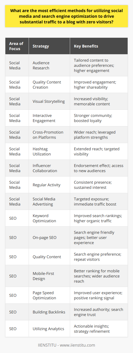 Driving substantial traffic to a blog with no current visitors requires a strategic approach that harnesses the power of social media and search engine optimization. Hereafter are efficient methods for maximizing the potential of these digital channels.**Social Media Strategies for Blog Traffic**One of the primary avenues for generating blog traffic is through strategic social media activity. Here's how:1. **Audience Research** - Understand the audience you are targeting. Research their interests, behaviors, and the social media platforms they frequent. This will allow you to create content that appeals to them.2. **Quality Content Creation** - Content is king on social media. Produce high-quality, relevant, and engaging content that adds value to your audience. This could include informative blog posts, compelling images, and interactive elements such as quizzes or polls.3. **Visual Storytelling** - Utilize eye-catching visuals and storytelling techniques to make your posts stand out. Platforms like Instagram and Pinterest are highly visual and can drive significant traffic if used correctly.4. **Interactive Engagement** - Interact with users by responding to comments, participating in conversations, and being actively engaged in community groups within your niche.5. **Cross-Promotion** - Share your blog content across different social media platforms, but ensure to adapt the content to fit the context and audience of each platform.6. **Hashtag Utilization** - Use relevant hashtags to extend the reach of your content on platforms like Instagram and Twitter. Research trending and niche-specific hashtags.7. **Influencer Collaboration** - Partner with influencers who resonate with your blog's niche. Their endorsement can provide a credibility boost and bring their followers to your blog.8. **Regular Activity** - Consistency is key. Maintain a regular posting schedule to keep your audience engaged and informed.9. **Social Media Advertising** - Invest in targeted ads to reach a broader audience that is likely to be interested in your blog content. Platforms like Facebook and Twitter offer advanced targeting options to reach specific demographics.**Search Engine Optimization for Blog Traffic**SEO is a critical tool for attracting organic traffic to your blog. Implementing the following SEO techniques can improve your blog's visibility:1. **Keyword Optimization** - Conduct thorough keyword research to determine the search terms your target audience uses. Incorporate these keywords naturally in your blog titles, headings, content, and meta tags.2. **On-page SEO** - Ensure that all elements on your blog's pages are optimized for search engines, from the URL structure to alt tags for images.3. **Quality Content** - Search engines favor valuable, high-quality content that serves the user's search intent. Regularly update your blog with fresh and relevant content.4. **Mobile-First Design** - With most users now accessing the internet via mobile devices, ensure your blog is mobile-friendly. Google's mobile-first indexing means the mobile version of content is prioritized for indexing and ranking.5. **Page Speed Optimization** - Work on reducing load times for your blog pages, as speed is a ranking factor for search engines.6. **Building Backlinks** - Gain backlinks from reputable sites in your niche. This not only drives traffic but also signals search engines that your content is trustworthy.7. **Making Use of Analytics** - Utilize tools such as Google Analytics to track your blog's performance, understand where your traffic is coming from, and adjust your strategies accordingly.Implementing a comprehensive strategy combining social media tactics with SEO best practices can effectively drive traffic to a blog starting from zero visitors. By consistently delivering value through engaging content, optimizing for discovery, and fostering user interactions, your blog can attract and retain a dedicated readership over time.