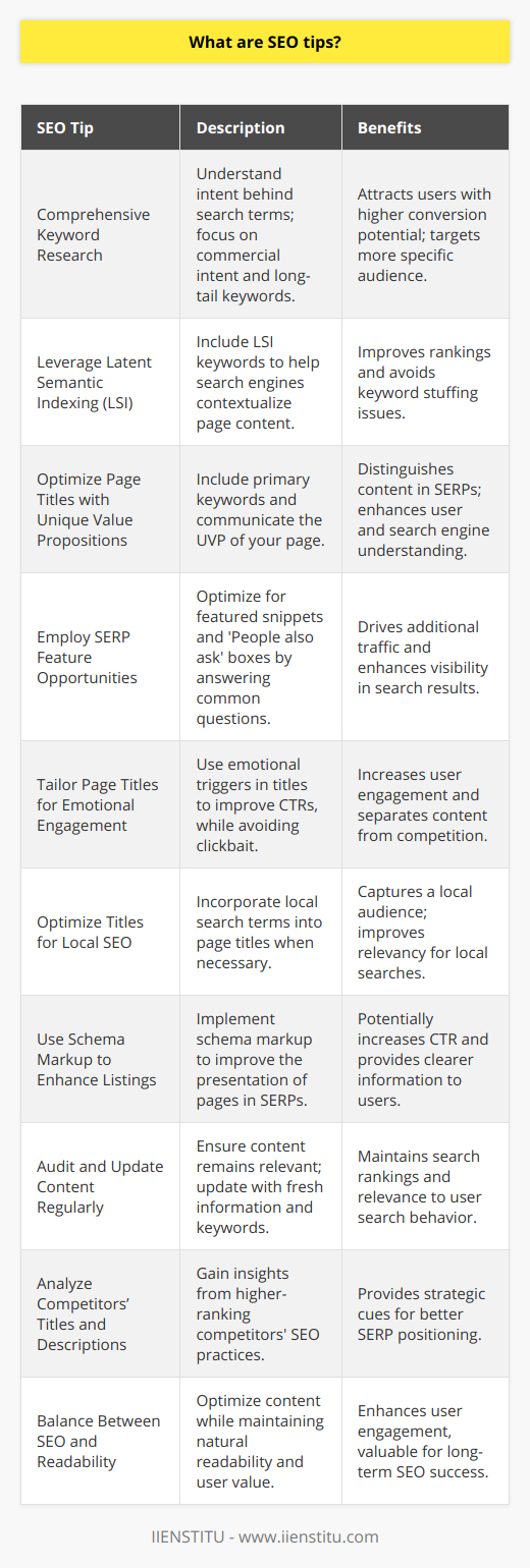 Search Engine Optimization (SEO) is the process of enhancing your website's visibility in search engine results pages (SERPs), thus increasing the quantity and quality of traffic to your site through organic search results. While there is a vast amount of information available about SEO, some strategies are less commonly discussed or implemented. Here are several SEO tips with a focus on keyword research and page title optimization:**1. Comprehensive Keyword Research:**Beyond the basic use of popular tools, diving deep into keyword research involves understanding the intent behind search terms. Look for keywords that signal a searcher's readiness to act, often known as commercial intent keywords. These terms might not have the highest traffic, but they attract users who are more likely to convert into customers. Also, investigate long-tail keywords, which are less competitive and more specific, and therefore, can attract a more targeted audience.**2. Leverage Latent Semantic Indexing (LSI):**While performing keyword research, do not overlook LSI keywords. LSI keywords, or semantically related keywords, help search engines understand the content on your page in context. Including these in your content can improve your rankings for your primary keyword without the risk of keyword stuffing.**3. Optimize Page Titles with Unique Value Propositions:**The title of your web page is one of the most critical elements for SEO. A well-optimized title should not only include your primary keyword but should also communicate the unique value proposition (UVP) of your page. The UVP should tell users and search engines what makes your content or offering different from others on the same topic.**4. Employ SERP Feature Opportunities:**Optimizing for featured snippets or other SERP features, such as 'People also ask' boxes, can drive additional traffic to your site. Research common questions asked around your primary keywords and structure your content to provide clear, concise, and authoritative answers.**5. Tailor Page Titles for Emotional Engagement:**Including emotional triggers in your page titles can enhance their click-through rates (CTRs). Titles that evoke curiosity, urgency, or resonate on an emotional level can separate your content from the competition. However, ensure that the titles accurately reflect the content and avoid clickbait tactics.**6. Optimize Titles for Local SEO When Applicable:**If your business serves a local market, incorporating local search terms into your page titles can be highly effective. Including city names or local landmarks can help to capture a local audience looking for services or products in their area.**7. Use Schema Markup to Enhance Listings:**Schema markup is a code that you put on your website to help search engines provide more informative results. By including schema markup, you can enhance how your page appears in SERPs, potentially increasing CTR.**8. Audit and Update Content Regularly:**Content can become outdated, and user search behavior can change over time. Regularly auditing your site for content relevancy and updating it with fresh information can improve search rankings. When updating content, revisit keyword research to ensure that you're still targeting relevant and effective keywords.**9. Analyze Competitors’ Titles and Descriptions:**Reviewing the page titles and meta descriptions of your competitors who rank higher can provide insights into effective SEO practices within your niche. Do not copy their titles, but derive strategic cues on how to better structure your own for improved SERP positioning.**10. Balance Between SEO and Readability:**Finally, while optimizing for keywords and search engines is fundamental, never lose sight of the user experience. Your page titles and content should read naturally and provide real value to the reader. User engagement metrics are increasingly important for SEO, so content that is engaging, valuable, and user-friendly will win in the long run.Always remember that SEO is a continuously evolving field, and what works today may not be as effective tomorrow. Staying updated with the latest trends, algorithm updates, and best practices is key. The approach one might take is to gain cutting-edge insights through authoritative sources, courses, and industry certifications, for example, from IIENSTITU, or other reputable platforms that specialize in digital marketing education. By staying informed and agile, you can adapt your SEO strategy to stay ahead of the curve.