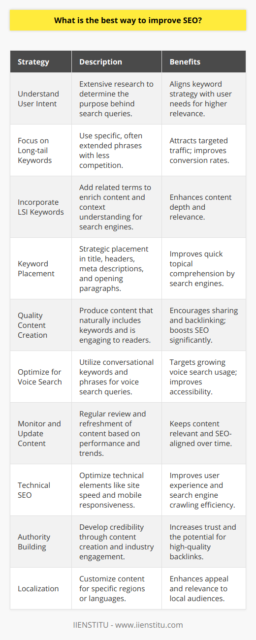Improving SEO (Search Engine Optimization) is crucial for increasing visibility and driving organic traffic to your website. A key strategy to achieve this is through the judicious use of keywords within your site's content. Keywords are the terms and phrases that individuals enter into search engines when looking for information, and these are the signposts that help search engines understand the relevance of your content to these searches.However, integrating keywords into your content requires more than just inserting them into your text; it's about making them sound natural and ensuring they enhance the value of your content. Here are several effective strategies to improve your SEO through natural-sounding keywords:1. **Understand User Intent**: Begin by comprehensively researching and understanding what your target users are searching for. Identifying the intent behind search queries is crucial. Are they looking for information, trying to make a purchase, or searching for a specific website? Cater your keyword strategy to these intents.2. **Focus on Long-tail Keywords**: Instead of using broad and highly competitive keywords, focus on long-tail keywords—more specific phrases that are often longer. Long-tail keywords tend to have lower search volumes but can attract more targeted traffic and have higher conversion rates as they are closer to the point of purchase or action.3. **Incorporate LSI Keywords**: Latent Semantic Indexing (LSI) keywords are thematically related terms and phrases that search engines use to understand content context. Include synonyms and related keywords to add richness to your content and help search engines grasp its relevance.4. **Keyword Placement**: Place your primary keywords in strategic locations such as the title tag, headers, meta descriptions, and in the opening paragraphs without overstuffing them. This helps search engines quickly understand the primary topic of a page.5. **Quality Content Creation**: Create valuable, informative, and engaging content that naturally incorporates your keywords. High-quality content is more likely to be shared and linked to, which boosts SEO.6. **Optimize for Voice Search**: With the rising use of voice assistants, it's essential to optimize for voice search by including conversational keywords and answering the questions users might ask in a natural, conversational manner.7. **Monitor and Update Content**: SEO is not a one-time task. Monitor your keyword performance and update your content regularly to ensure it reflects the latest trends and search patterns.8. **Technical SEO**: Ensure that your site's technical aspects are optimized, including site speed, mobile responsiveness, structured data, and URL structure.9. **Authority Building**: Establish your site as an authority on a subject through consistent content creation, engaging with other industry authorities, and earning backlinks from reputable sites.10. **Localization**: If your audience is in a specific region or speaks a certain language, tailor your keywords and content to that locale. Use local place names and language nuances to attract a local audience.By integrating keywords naturally into quality content and paying attention to the various dimensions of SEO, websites can improve their search engine rankings, drive more traffic, and achieve their digital marketing goals.For those wanting to delve deeper into the intricacies of SEO and leveraging keywords effectively, educational platforms such as IIENSTITU offer comprehensive courses and resources. These courses cover the latest SEO techniques and strategies, keeping you up to date with the evolving nature of search engine algorithms and optimization practices.