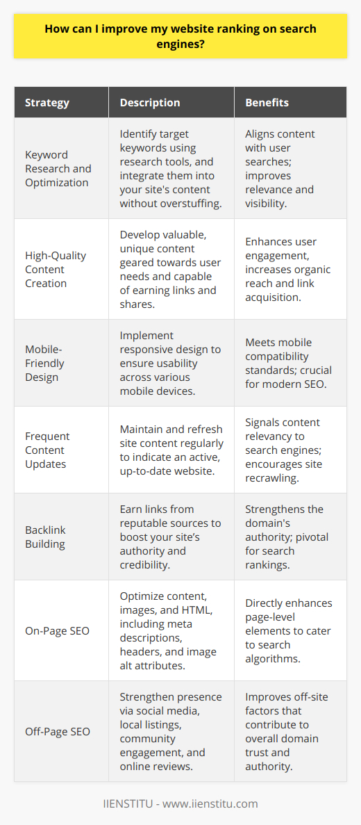 Improving your website's ranking on search engines can be a multifaceted endeavor, involving a combination of strategic actions designed to work in harmony. Here is a guide to various key activities that can help enhance your website’s visibility and performance:1. **Keyword Research and Optimization:**    Engage in thorough keyword research to identify terms that your target audience is using to search for products or services similar to yours. Utilize keyword research tools to gather data on keyword difficulty, search volume, and relevance. Once you've identified your target keywords, incorporate them naturally into your site’s content, including titles, meta descriptions, headers, and body text, while avoiding keyword stuffing.2. **High-Quality Content Creation:**    Content is king, and creating high-quality, unique content that adds real value to your audience is essential. Your content should answer questions, solve problems, or provide insights that users cannot easily find elsewhere. Prioritize content that is capable of earning organic links and social shares, which are vital for SEO.3. **Mobile-Friendly Design:**    Opt for a responsive web design that ensures your website adapts and functions smoothly on various devices, including smartphones and tablets. Since mobile compatibility is a ranking factor for search engines like Google, a mobile-friendly website is non-negotiable for improving search rankings.4. **Frequent Content Updates:**    Regularly updating your website with fresh and relevant content can signal to search engines that your website is active and continuously providing updated value to users, which can positively affect your rankings. This could include publishing new blog posts, updating statistics, or refreshing existing pages with the latest information.5. **Backlink Building:**    Focus on building a strong backlink profile by acquiring links from authoritative and relevant websites. High-quality backlinks can improve your site’s authority and credibility, which are important metrics for search rankings. Employ ethical strategies for link building, such as producing share-worthy content, engaging in guest posting, or partaking in industry-related online communities.6. **On-Page and Off-Page SEO:**    On-page SEO involves optimizing the individual components of your website pages, including content, images, and HTML. Ensure your meta descriptions are enticing and include target keywords, use header tags appropriately, and optimize your images with descriptive alt attributes.        Off-page SEO encompasses factors outside your website that influence rankings. This can include building a social media presence, managing local listings, engaging with your community, and obtaining online reviews.Together, these strategies offer a robust approach to elevating your website's position on search engine results pages. It's important to keep in mind that SEO is a long-term strategy and results may take time to manifest. Moreover, search engine algorithms are continually evolving, and staying informed about the latest SEO best practices is crucial for maintaining and improving your website's ranking over time.