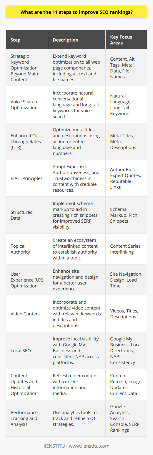 As the digital landscape consistently evolves, maintaining strong SEO rankings is more crucial than ever for businesses aiming to remain competitive. High SEO rankings translate to increased visibility, authority in your niche, and ultimately, a higher conversion rate. Below are 11 steps to elevate SEO rankings, focusing on less commonly discussed yet potent strategies.1. **Strategic Keyword Optimization Beyond Main Content**   While it's common knowledge that keywords must feature in content, title tags, and meta descriptions, extending keyword optimization to alt text for images, comments, and even file names can provide a competitive edge. This holistic approach ensures that all components of a web page are working to improve visibility.2. **Voice Search Optimization**   Given the rise in voice-activated digital assistants, optimizing for voice search is becoming increasingly important. This includes incorporating natural language, long-tail keywords into your content, and providing clear, concise answers to common questions in your niche.3. **Enhanced Click-Through Rates (CTR)**   Improve your CTR by writing compelling meta titles and descriptions. Use action-oriented language, benefits, and, if relevant, numerals, as studies have shown that headlines with numbers often have higher click-through rates.4. **E-A-T Principles**   Expertise, Authoritativeness, and Trustworthiness (E-A-T) are critical quality factors that Google uses to assess web content. Ensuring that your site is a credible source by including author bios, expert quotes, and links to reputable sites can enhance your SEO.5. **Structured Data**   Utilize schema markup to provide search engines with explicit clues about the meaning of page content. This data helps with the creation of rich snippets which can significantly improve visibility in search engine results pages (SERPs).6. **Topical Authority**   Establish your site as an authority within a specific topic by creating a comprehensive series of interlinked content. Rather than focusing on keywords alone, build an ecosystem of content that supports your main subject, thereby creating relevance and depth.7. **User Experience (UX) Optimization**   Prioritize UX by structuring your site so that it's intuitive and easy to navigate. This can involve technical aspects like reducing the number of clicks required to reach a page or enhancing the overall design so that it's pleasing to users.8. **Video Content**   Video content has been shown to engage users more effectively than text alone. Embed high-quality, informative videos relevant to your content and ensure to optimize video titles, descriptions, and tags with targeted keywords.9. **Local SEO**   For businesses with a physical location or servicing specific areas, local SEO is critical. This can involve setting up a Google My Business account, getting listed in local directories, and ensuring NAP (Name, Address, Phone Number) consistency across all platforms.10. **Content Updates and Historical Optimization**    Update older, high-performing content to keep it relevant and fresh. By revitalizing previous posts with updated information, new images, or current data, you can signal to search engines that your content remains valuable.11. **Performance Tracking and Analysis**    Regularly assess your SEO campaign's performance using tools like Google Analytics and Search Console. Analyze traffic patterns, on-page behavior, and SERP rankings to refine your approach continually.By implementing these nuanced strategies, businesses can elevate their SEO game and outmaneuver the competition. Remember, SEO is not a one-time setup but a dynamic process that requires ongoing adjustment and fine-tuning to align with ever-changing search engine algorithms.