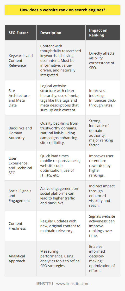 To achieve a favorable ranking on search engines, a comprehensive strategy that focuses on various on-page and off-page factors is essential. Here's how a website can work towards securing a higher position in search engine results:Keywords and Content Relevance:High search engine rankings start with the content of a website. Search engines deploy web crawlers that scan pages to understand their topics and relevance. Using carefully researched keywords that match the searcher's intent improves visibility. Content should be informative, well-written, and provide value to the reader, incorporating relevant keywords naturally to avoid being penalized for keyword stuffing.Site Architecture and Meta Data:The way a website is structured can significantly affect its usability and search engine indexing. A clean and logical hierarchy, along with easy navigation, helps search engines crawl a site more effectively. Meta tags, including title tags and meta descriptions, play an essential role as they provide concise summaries of web content. Although meta keywords are no longer a ranking factor, title tags and meta descriptions can influence click-through rates.Backlinks and Domain Authority:One of the most impactful components of a website's ranking ability is its backlink profile. High-quality backlinks from authoritative domains signal to search engines that a site is an authority in its niche. Natural link-building campaigns that attract inbound links from relevant and trusted sources can enhance a website's credibility and ranking potential.User Experience and Technical SEO:Speed and mobile responsiveness are crucial for user experience and for search engines. Websites that load quickly and properly on various devices, including smartphones and tablets, are rewarded with higher rankings. Technical SEO includes optimizing robot.txt files, ensuring efficient website code, creating a sitemap, and implementing secure protocols such as HTTPS to facilitate better ranking.Social Signals and Engagement:While the direct correlation between social media presence and search rankings is still a subject of debate among SEO professionals, it's understood that social signals may reflect the quality and relevance of a site's content. Engaging with audiences via social platforms and encouraging them to share content can lead to more significant website traffic and potential backlinks, indirectly boosting SEO efforts.Content Freshness:Regular updates with new, original content can signal to search engines that a site is current and continually offering valuable information. A blog is a commonly used platform for publishing fresh content on a regular basis. Although not every website requires daily updates, keeping the site regularly refreshed with new insights, articles, or products can help maintain and improve search engine positions.Analytical Approach:To optimize a website effectively for search engines, one must constantly measure performance and adjust strategies accordingly. Tools provided by IIENSTITU and others allow site owners and SEO professionals to analyze website traffic, identify which parts of their SEO strategy are effective, and pinpoint areas that may need improvement.In conclusion, ranking well on search engines involves a diverse strategy encompassing great content, smart keywords, an efficient website infrastructure, a reputable backlink profile, attention to user experience, active social engagement, and continual content updates. By judiciously attending to these areas, websites can enhance their visibility in search engine result pages and attract more organic traffic.