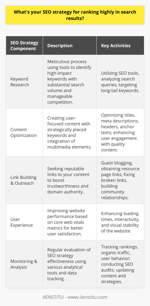Developing a sound SEO strategy involves a multifaceted approach that covers keyword research, content optimization, link building, and continuous monitoring to achieve a strong presence in search engine results. Let us delve into this strategy in more detail.Firstly, keyword research is the cornerstone of any successful SEO strategy, and it is a meticulous process that I undertake utilizing various tools that offer insights into search queries relevant to a specific topic or industry. By identifying keywords with substantial search volumes yet manageable competition, I can target those with the potential to yield the most significant impact on search visibility. In addition, incorporating long-tail keywords helps to capture more focused search traffic and often contributes to higher conversion rates as they are more query-specific and less competitive.Once the right mix of keywords has been selected, I pivot towards content optimization, which is not merely about sprinkling keywords throughout the text. It is more about creating a harmonious and valuable user experience. Keywords should naturally align with informative and quality content. They are strategically placed in key areas such as title tags, meta descriptions, header tags, and anchor texts. The content itself is made engaging with the integration of multimedia elements, thereby reducing bounce rates and improving the duration of on-page user engagement.A critical component of my SEO strategy that complements on-page efforts is link building and outreach. This involves seeking opportunities to create links from reputable and authoritative websites back to your own content. Tactics like guest blogging, obtaining links from resource pages, and fixing broken links all play a part. Establishing relationships within the community, including influencers and content creators, can lead to organic link generation and improved trustworthiness and domain authority from a search engine's perspective.User experience, more than ever, is a critical factor that search engines consider when ranking websites. The core web vitals offer a set of metrics that quantify key aspects of user experience; namely loading performance, interactivity, and visual stability of the page. Enhancing these factors is not solely for the sake of search rankings, but to ensure that users have a frictionless and satisfying experience, which in turn can enhance the site's reputation and encourage repeat visits.Last but not least, the ability to monitor and analyze the performance of your SEO efforts is essential for continued success. Tools that track search rankings, organic traffic, user behavior, and other critical data enable me to evaluate and adapt my SEO strategy. By regularly auditing and updating content, tweaking on-page elements, and refining linking strategies, I can actively respond to changes in search algorithms, user preferences, and competitor activities.This SEO strategy is developed with the understanding that search optimization is an ongoing task. It requires constant vigilance and adaptation to the ever-evolving digital landscape. By sticking to these principles, I aim to not only achieve but also maintain high rankings in search results, drive targeted traffic, and ultimately grow the online visibility of the content or websites I am working on.