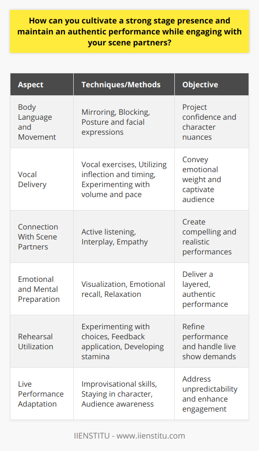 Cultivating a strong stage presence is an integral part of an actor's development and success in the world of theatre. It's the magnetic quality that separates the remarkable from the unremarkable, ensuring that an actor's performance resonates with the audience. Achieving this presence requires a combination of technical skill, emotional depth, and the ability to connect authentically both with the audience and with scene partners.**Mastering Body Language and Movement**Body language is a powerful tool in an actor's repertoire that communicates more than words alone. It's pivotal for actors to comprehend how to use their bodies expressively to project confidence and character. Techniques to master include:- **Mirroring:** This helps in understanding and reflecting the emotional state of scene partners.- **Blocking:** This involves the thoughtful planning of where and how you move on stage to tell a clear story visually.- **Posture and facial expressions:** Subtle changes here can convey a wealth of information about a character’s internal state.Self-aware movement and purposeful stillness both can command attention and convey the nuances of a character's personality and emotions.**Articulating With Conviction and Clarity**Aside from the visual, it's imperative for an actor to have a strong grasp of vocal delivery. The voice must carry the emotional weight of the words so that every syllable resonates with the intended feeling. To achieve this:- **Practice vocal exercises:** to strengthen projection and clarity.- **Utilize inflection and timing:** to add depth and meaning to lines.- **Experiment with volume and pace:** to enhance dramatic effect and maintain the audience’s interest.An actor's voice can be as expressive as their body, painting scenes with tones and rhythms that draw listeners into the story.**Building a Connection With Scene Partners**Authentic connection on stage is key to a performance that feels real and compelling. Actors must engage in:- **Active listening and responding:** This is not merely waiting for one's turn to speak, but truly reacting in the moment.- **Interplay:** The give and take between actors that creates a dynamic on-stage relationship.- **Empathy:** Understanding and relating to the emotional journey of a scene partner's character.Real connections on stage are palpable; they command attention and bring depth to the narrative.**Preparing Emotionally and Mentally**Preparatory work is essential for an actor aiming to deliver a layered, authentic performance. This includes:- **Visualization and mental rehearsal:** to prepare for a scene in advance.- **Emotional recall:** accessing one's own past experiences to bring truth to a character’s emotions.- **Relaxation:** to reduce anxiety and physical tension, enabling a more focused performance.An actor should delve deeply into the psyche of their character, using personal experiences to add verisimilitude to their portrayal. **Utilizing Rehearsals Effectively**Rehearsals are more than just practice runs; they offer a safe space to explore the boundaries of the performance. During rehearsals:- **Experiment with choices:** to discover what works best for the character and scene.- **Seek and apply feedback:** from the director and fellow actors to refine the performance.- **Develop stamina:** both physical and emotional, for the demands of live shows.Mistakes made in rehearsal are learning experiences that contribute to growth and improvement.**Adapting and Adjusting During Live Performances**A truly powerful stage presence is evidenced by an actor’s ability to adapt to the unexpected. Live theatre is unpredictable, and an actor’s agility can save the moment. This involves:- **Improvisational skills:** to seamlessly handle missed cues or unexpected interruptions.- **Staying in character:** even when things don't go as planned.- **Audience awareness:** adapting the performance based on audience reaction.The capacity to remain composed and remain true to the character under any circumstance is the hallmark of a professional.By embodying these principles and approaches, actors can enhance their stage presence dramatically. A strong stage presence is borne out of a deep understanding of both the craft and oneself, ensuring every performance is not just seen but felt by the audience. As such, actors must continuously seek to improve through training, feedback, and live experience—a lifelong dedication to the art of authentic storytelling on the stage.