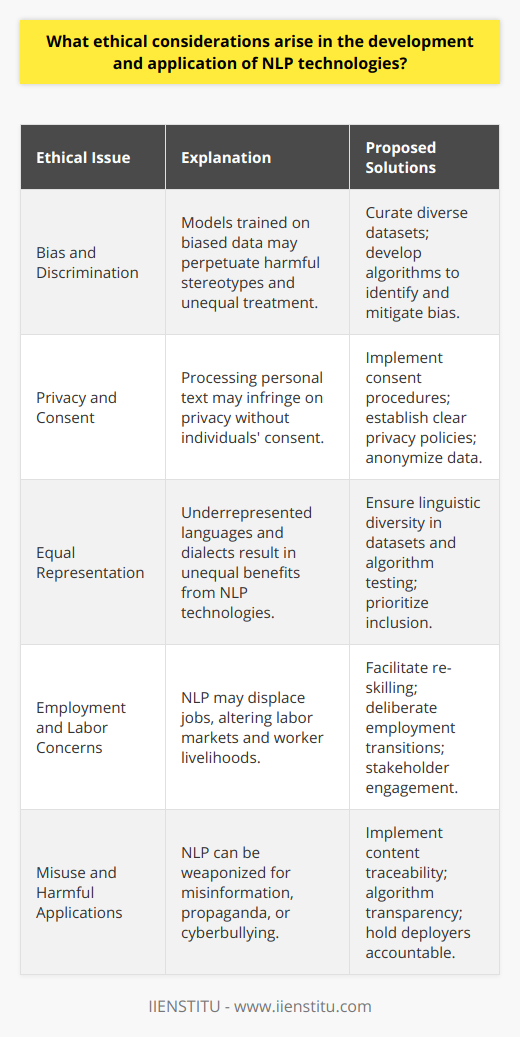 The emergence and rapid advancement of natural language processing (NLP) technologies usher in a new set of analytical and communicative capabilities. However, these innovations bring forth ethical challenges that must be carefully navigated to ensure the responsible evolution of these tools.Bias and DiscriminationOne of the most pressing ethical considerations in NLP is the potential reinforcement of existing biases found in the training data. Models that learn from language corpora absorbing patterns prevalent in source texts can inadvertently learn prejudiced views if those texts contain biased language. When these models are deployed, they may exhibit discriminatory behaviors, such as associating certain demographics with negative connotations or providing preferential responses to certain groups over others.Mitigating these biases requires dedicated effort in both the collection and curation of training datasets, ensuring they represent a diverse set of languages, dialects, and social contexts, as well as the development of algorithms designed to detect and correct biased predictions.Privacy and ConsentPrivacy concerns arise when NLP systems process sensitive personal information. With the ability to analyze vast quantities of text, including private communications, there is significant risk for invasion of privacy. The collection and analysis of data may occur without the explicit consent of the individuals whose information is being used. This raises questions about data governance, informed consent, and the ethical use of personal insights gained from such data.Developers and organizations must therefore establish rigorous consent protocols and transparent privacy policies to safeguard individual rights. Additionally, anonymization and secure data handling practices become paramount to maintain user trust.Equal RepresentationThe effectiveness of NLP technologies can differ significantly based on language and dialect, potentially marginalizing non-mainstream linguistic groups. This can exacerbate existing inequalities, as people from underrepresented groups may not benefit equally from NLP advancements, such as in automated translation services, voice recognition software, and other language-dependent technologies.To promote inclusive NLP applications, it is crucial to include a variety of linguistic demographics in the development process, from dataset compilation to algorithm testing and beyond.Employment and Labor ConcernsThe automation capabilities of NLP are transforming labor markets, particularly in sectors reliant on language and communication tasks. While productivity gains are evident, there is also the possibility for job displacement. The ethical deployment of NLP must therefore account for the societal impact on the workforce. Strategies such as re-skilling initiatives, consideration of job transitions, and dialogue with affected stakeholders must be integral components of any comprehensive NLP deployment plan.Misuse and Harmful ApplicationsThe potency of NLP tools can be harnessed for malicious purposes such as spreading misinformation, delivering persuasive propaganda, or enabling cyberbullying. It is an ethical imperative to create safeguards against such applications. Measures to enhance the traceability of NLP-generated content, the transparency of algorithms, and the accountability of those deploying NLP tools must be built into the design and regulation of these technologies.In summary, the ethical challenges in NLP require deliberate and informed attention. From reducing biases and upholding privacy to ensuring equal representation and mitigating job market impacts, the responsible development and application of these technologies must be holistic and multifaceted. Preventing their misuse is also critical to realize the benefits of NLP while protecting society from its potential harms.
