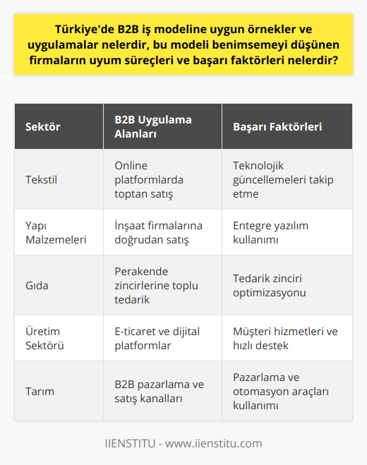 Türkiye'deki B2B uygulamalarına örnek olarak, büyük çapta toptancılık yapan tekstil şirketlerini verebiliriz. Bu tür firmalar, kendi ürünlerini doğrudan perakende satıcılarına sunarak ve özellikle online platformlarda satış yaparak B2B modelini benimsemekte ve başarıya ulaşmaktadır. Tekstil dışında yapı malzemeleri, inşaat malzemeleri ve gıda sektöründe faaliyet gösteren firmalar da B2B modeline uygun örnekler arasındadır.B2B modelini benimsemeye karar veren firmaların başarıya ulaşması için dikkat etmesi gereken önemli konuların başında, kendini sürekli güncelleyen teknolojilere ayak uydurmaktır. Ürün ve hizmet sunum süreçlerinin hızlı ve verimli olması, hem işletmenin hem de hedef müşterinin beklentilerini karşılayarak güçlü iş ilişkilerinin temellerini atmaktadır.Tüm süreçleri yönetebilecek entegre yazılımlar kullanmak ve tedarik süreçlerini optimize etmek B2B modelini benimseyen şirketler için önemlidir. Müşteri hizmetleri ve destek konusunda ise, firmaların özellikle hızlı ve iyi bir şekilde çözüm sağlaması, işbirlikleri ve ilişkilerinin daha uzun soluklu olmasına katkı sağlar.B2B pazarına girmek isteyen firmalar, özellikle dijitalleşme ve e-ticaret dünyasına önem vermeli, kullanabilecekleri işletme ölçeğinde uygun teknoloji ve yazılım çözümleri tercih ederek sürece adapte olmalıdır. Pazarlama ve otomasyon araçları ile aslında B2B süreçleri de B2C kadar sade ve kullanıcı dostu bir hale getirilebilir. Bu noktada, B2B modelini benimseyen Tarım, üretim sektörü gibi Türkiye'nin lokomotif sektörleri de teknoloji ve dijitalleşmeye uyum sağlarak başarı oranlarını artırabilirler.Sonuç olarak, Türkiye'de B2B iş modeline uygun örnekler ve uygulamaların başarısı, doğru hedef pazar belirlemesi, kaliteli ürün ve hizmet sunumu, esneklik ve sektörün gerektirdiği müşteri ilişkileri yönetme kabiliyetine bağlıdır. Günümüzün rekabetçi ortamında B2B iş modeline geçiş, işletmelerin büyümesi ve sürekli başarıya ulaşması için önemli bir yol olarak görülmektedir.
