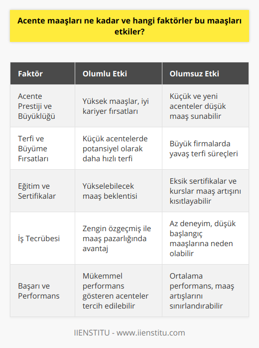 Ayrıca, acente çalışanlarının maaşları aynı zamanda işverenlerinin prestiji ve büyüklüğüne de bağlıdır. Büyük ve köklü bir acente firmasında çalışmak, genellikle daha yüksek maaşlar ve daha iyi kariyer fırsatları sunar. Öte yandan, daha küçük ve yeni kurulan acentelerde çalışmak, daha düşük maaşlarla başlamak zorunda kalmaya yol açabilir, ancak potansiyel olarak daha hızlı terfi ve büyüme fırsatları sunabilir.Acente temsilcisi olmak isteyenlerin, maaş beklentilerini ve hedeflerini değerlendirirken yukarıda belirtilen faktörleri göz önünde bulundurmaları ve iş ilanlarını değerlendirirken bu bilgilerle donanımlı olmaları önemlidir. Ayrıca, ilgili kurslar ve sertifikalar alarak, maaş beklentilerini yükseltme şansı daha da artırabilir. Tüm bunların yanı sıra, iş tecrübesi ve başarılarının özgeçmişe iyi bir şekilde yansıtılması da maaş görüşmelerinde acente temsilcisinin elini güçlendirecek faktörlerdendir.