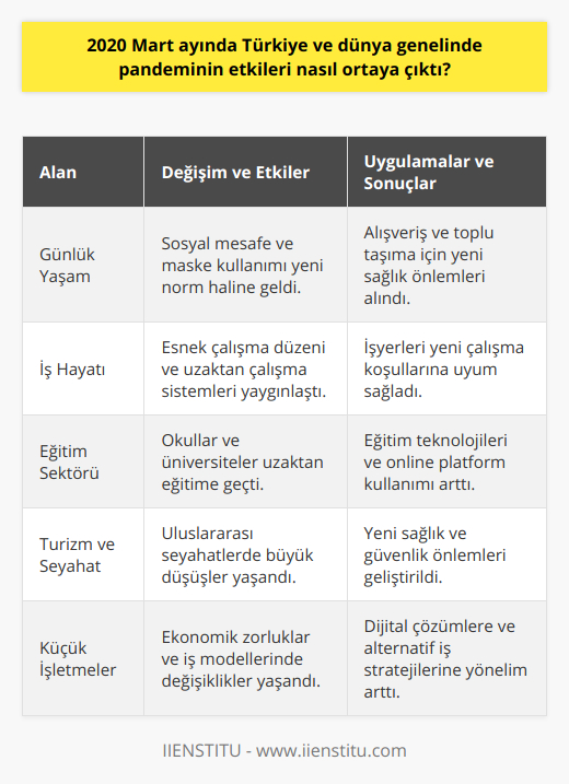 2020 Mart ayında başlayan Covid-19 pandemisi, Türkiye ve dünya genelinde büyük etkiler gösterdi. Bu süreç, sağlık sistemlerinin kritik önemini, sosyo-ekonomik dengelerin kırılganlığını ve toplumların dayanışma kapasitelerini gözler önüne sererek, insanlar için unutulmaz bir deneyime dönüştü.Pandeminin etkilerini hissetmeye başladığımız Mart ayında, zaten mevcut olan yaşam rutinlerimiz tamamen değişerek yeni normallere uyum sağlamak zorunda kaldık. Toplu taşıma ve alışveriş gibi faaliyetlerde sosyal mesafe ve maske kullanımına dikkat etmek, önemli bir alışkanlık haline geldi. Ayrıca pandemi önlemleri kapsamında, işyerlerinde esnek çalışma düzenleri ve uzaktan çalışma sistemleri benimsendi.Özellikle eğitim sektörü, bu süreçten büyük ölçüde etkilendi. Okullar ve üniversiteler uzaktan eğitime geçiş yaparak öğrencilerin ve eğitimcilerin evlerinden sürece katılmalarını sağladılar. Bu dönemde, eğitim teknolojileri ve online platformlar önemli bir kullanıcı kitlesine ulaşarak büyük bir ivme kazandı.Pandemi süreci, birçok sektörü de derinden etkiledi. Turizm ve seyahat gibi alanlar, küresel çapta büyük sıkıntılar yaşarken, küçük işletmeler ve esnaflar da değişen ekonomik koşullara ayak uydurmak için büyük çaba gösterdiler. Alternatif iş modelleri ve dijital çözümlere yönelik talep, bu süreçte ciddi oranda artış gösterdi.Son olarak, 2020 Mart ayında Türkiye ve dünya genelinde hissedilmeye başlanan pandemi etkileri, toplumlarımızın yaşamlarında kalıcı değişikliklere yol açtı. Başta sağlık ve eğitim olmak üzere pek çok alanda, bu zorlu süreçten dersler çıkararak, geleceğe daha hazırlıklı ve dayanışmacı bir şekilde ilerlememiz büyük önem taşıyor. Bu sayede, yaşadığımız deneyimleri ve öğrendiğimiz bilgileri, insanların yaşamlarına olumlu etkiler sağlayacak şekilde kullanabiliriz.