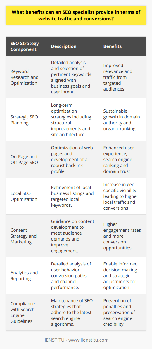 An SEO specialist brings a blend of technical expertise and marketing insight to the table, fostering an environment where a website not only ranks highly in search engine results but also resonates with its intended audience.**Meticulous Keyword Research and Optimization**One of the primary ways an SEO specialist can improve website traffic is through meticulous research and optimization of keywords that align with the business's objectives and audience's search intent. Not only does this involve curating a list of relevant keywords, but it also includes analyzing competitors, understanding seasonal trends, and monitoring keyword performance over time to make informed adjustments.**Strategic SEO Planning for Long-Term Growth**An SEO specialist doesn't simply aim for quick wins; they execute a strategic SEO plan that aligns with long-term business goals. This involves structural optimizations such as schema markup, which helps search engines understand content context, and the intelligent structuring of a site to promote link equity across pages, enhancing the domain's authority and ranking potential.**On-Page and Off-Page SEO Enhancements**On-page SEO refinements ensure that every page is optimized for both search engines and users. This entails creating meta tags that spark interest, utilizing header tags for content hierarchy, and ensuring that alt text for images is descriptive and contextually relevant. Off-page SEO techniques, such as developing a healthy backlink profile, cement a website's reputation and authority within its niche.**Local SEO for Geo-Targeted Visibility**If applicable, an SEO specialist will optimize a website for local search, refining local business listings and leveraging localized keywords. This increases visibility among a geo-targeted audience, leading to traffic that's more likely to convert given its proximity and relevance to the business.**Content Strategy and Marketing**An often overlooked yet crucial aspect of an SEO specialist's role is guiding content strategy. High-quality, engaging content is an anchor for effective SEO, and it's this content that captivates and retains user attention. By identifying gaps and opportunities based on what audiences are searching for, SEO specialists can recommend types of content that would perform well, leading to greater engagement and conversion opportunities.**Comprehensive Analytics and Reporting**The ability to analyze and interpret data is a cornerstone of effective SEO. An SEO specialist provides detailed analytics and reporting that goes beyond surface-level metrics, diving into user behavior, conversion pathways, and multi-channel attribution. By understanding these elements, they can fine-tune strategies to capitalize on what works and improve or pivot away from what doesn't.**Ensuring Compliance with Search Engine Guidelines**Finally, SEO specialists play a crucial role in ensuring that websites are compliant with search engine guidelines. With the constant evolution of algorithms, a strategy that worked yesterday might become obsolete or, worse yet, result in penalties tomorrow. Understanding these guidelines and adjusting strategies accordingly helps safeguard a website’s traffic and authority.In wrapping up, the myriad benefits offered by an SEO specialist are instrumental in not just driving traffic, but ensuring that the traffic is relevant, engaged, and ready to take action. They help businesses navigate the complex and ever-changing landscape of search engine optimization, resulting in a robust online presence that contributes to overall success.