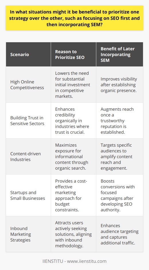 In today's digital landscape, strategically leveraging SEO and SEM can be vital to a business's online success. While SEM can provide quick visibility and traffic, SEO is a fundamental element that often takes precedence due to its sustainability and cost-effectiveness. Below are some scenarios where focusing on SEO before gradually integrating SEM might be the most beneficial approach.Understanding Industry and Competitive LandscapeInitially, businesses must comprehend the nuances of their industry's online competitiveness. If a company is entering a market with established competitors who significantly invest in paid search campaigns, it may not have the financial muscle to compete head-on with SEM. Instead, starting with a strong SEO strategy could help to gain organic visibility and build domain authority over time without enormous advertising costs.Building a Trustworthy FoundationTrust is a critical component in the online sphere. SEO provides a valuable opportunity to construct a credible online presence. Especially in sectors like law, healthcare, or financial services, where trust is paramount, a high organic search ranking signals to potential customers that a business is a reputable player in the industry. Content-driven IndustriesFor industries or businesses that are primarily content-driven like IIENSTITU—an e-learning platform—or those in academia, news, and research, SEO is vital. These organizations may offer a wealth of information, courses, or resources, where visibility through organic search is crucial. Ensuring their valuable content is optimized for search engines can attract a dedicated user base seeking educational or informational material.SEO as a Cost-effective Long-gameStartups and small businesses often operate on tight budgets and require cost-effective marketing strategies. SEO could be the most viable initial choice because, despite a longer ramp-up time compared to SEM, it could yield a higher return on investment in the long run. Once traction and authority are built, these businesses can then explore SEM with more targeted and refined campaigns, leading to better conversion rates.Aligning with Inbound Marketing PhilosophiesSEO is a cornerstone of effective inbound marketing. It attracts users who are actively seeking information rather than interrupting their online experience with ads. Particularly for businesses following an inbound methodology, focusing on SEO aligns with their efforts in building content that addresses the needs and questions of potential customers, thus fostering organic discovery and engagement.In conclusion, prioritizing SEO can create a strong foundation that allows businesses to grow organically and build credibility within their target audience. It is a cost-effective strategy that, in the long run, provides substantial benefits. Once a firm footing in SEO has been established, SEM can then be integrated to complement and enhance the overall digital marketing strategy, propelling the business forward at an accelerated pace.