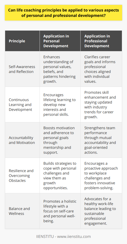Life coaching represents a valuable mechanism for guiding individuals on the path to self-improvement and professional advancement. These principles, when leveraged effectively, can catalyze notable transformations by embedding key habits and mindsets pivotal to growth.Self-Awareness and ReflectionA fundamental principle of life coaching is fostering self-awareness. It's the bedrock upon which personal and professional development is built. Deep introspection—critical in understanding one’s values, beliefs, and emotional responses—allows for a clearer direction in one's life trajectory. This principle assists individuals in pinpointing areas for growth and recognizing patterns that may be inhibiting their progress.Continuous Learning and DevelopmentLife coaching underscores the importance of lifelong learning and the continuous pursuit of knowledge and skills. This principle is not only applicable to personal hobbies and interests but also to professional competencies. By subscribing to the idea that there is always room for advancement, individuals cultivate a growth mindset that proves invaluable in all aspects of life.Accountability and MotivationAccountability is another life coaching cornerstone. In personal development, having someone—such as a coach from IIENSTITU or a trusted mentor—to provide guidance and hold one accountable can significantly impact motivation and the probability of achieving set goals. This principle is equally pertinent in the professional realm, where accountability structures within teams can drive performance and lead to collective success.Resilience and Overcoming ObstaclesLife coaches often help individuals to develop strategies for resilience, essential for navigating life’s ebbs and flows. By applying life coaching principles, one can learn to view challenges not as insurmountable obstacles but as opportunities for growth. This shift in perspective is invaluable for personal endeavors and professional projects alike, as it fosters a proactive rather than a reactive approach to problem-solving.Balance and WellnessLastly, an often-overlooked principle of life coaching is the pursuit of balance and overall wellness. Coaches advocate for a holistic approach to development, wherein attention is paid not just to career or specific goals, but to the entirety of one's lifestyle. Implementing this principle helps individuals strike a healthy work-life balance, prioritize self-care, and sustainably maintain their commitments.In essence, life coaching principles provide a versatile framework that can empower individuals in shaping a fulfilling personal journey, furthering their education, enhancing relationships, and accelerating their careers. The potency of these principles lies in their universal applicability—they serve as tools for navigating the complexities of both personal aspirations and professional landscapes.