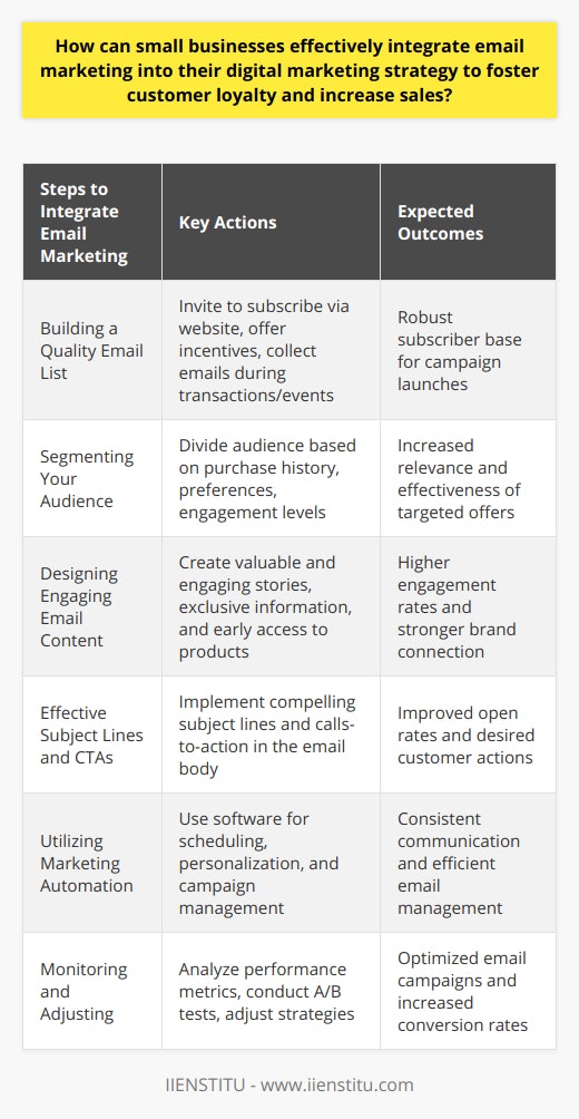 Effective Email Marketing Integration for Small BusinessesSmall businesses, which often operate with limited resources, can greatly benefit from an effectively integrated email marketing strategy. This cost-efficient method of communication is key to building customer loyalty and increasing sales. Here is a step-by-step guide to integrating email marketing into your digital marketing plan:Building a Quality Email ListThe foundation of any email marketing campaign is a robust list of subscribers. Small businesses can build their email lists by inviting customers to subscribe on their website, offering incentives such as discounts or valuable resources, and collecting emails during transactions or events.Segmenting Your AudienceA one-size-fits-all approach does not work in email marketing. Segment your audience based on their purchase history, preferences, and engagement levels. This allows for tailored communication and helps in sending targeted offers that are more likely to resonate with the audience, thus enhancing customer loyalty.Designing Engaging Email ContentEmail content should offer value to the receiver in the form of exclusive information, early access to products or sales, useful tips, or engaging stories related to the business. The content should resonate with your audience's interests and inspire them to engage with your brand.Effective Subject Lines and CTAsAn engaging subject line can make the difference between an opened email and one that is ignored. Likewise, a compelling Call-to-Action (CTA) can inspire recipients to take the desired action, such as making a purchase or engaging with content.Utilizing Marketing AutomationMarketing automation software can help in scheduling regular communication, personalizing emails based on customer behavior, and efficiently managing campaigns. With the help of these tools, small businesses can ensure that they maintain a consistent presence in their customers' inboxes without manual intervention for every email sent.Monitoring and AdjustingBy closely monitoring open rates, click-through rates, conversion rates, and unsubscribe rates, small businesses can learn which strategies are effective and which ones need adjustment. A/B testing different elements of your email campaigns can also provide valuable insights.In essence, email marketing is a powerful tool that, when used wisely, can enhance customer engagement, loyalty, and sales for small businesses. The key is to keep content relevant, audiences segmented, messaging personalized, and always be ready to adapt based on performance metrics. With these practices, small businesses can create a sustainable and productive relationship with their customers through email communications.