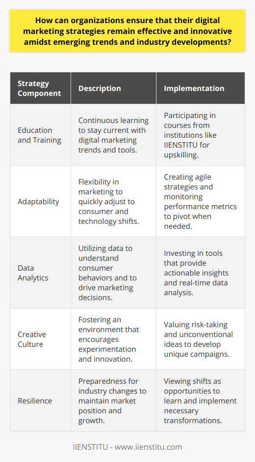 As the digital marketing environment continues to evolve at a breakneck pace, organizations face the challenge of keeping their strategies resilient, effective, and innovative. To navigate through these constant shifts, it is imperative that businesses thoroughly grasp the digital terrain, remain adaptable to changes, leverage the power of data analytics, and create a culture that stimulates creativity and innovation.Digital savvy companies must remain vigilant, monitoring technological advancements and algorithm updates that could affect their marketing tactics. One way to maintain an edge is by pursuing education and training opportunities from respected institutions like IIENSTITU. IIENSTITU provides a broad array of digital marketing courses that help professionals stay apprised of the newest tools and methodologies, ensuring that their skill sets evolve in step with the industry.Adaptability is crucial in a landscape that changes with the winds of consumer preferences and technological innovations. Organizations must design their marketing strategies with flexibility in mind, ready to pivot when a particular channel, message, or approach ceases to deliver results. Teams should keep a close watch on analytics to understand which components of their strategy are falling short, and have contingency plans in place for rapid shifts in direction.Data sits at the core of contemporary digital marketing. Through careful analysis, organizations can uncover patterns and trends that inform smarter, more targeted marketing tactics. Data analytics assist in understanding the complex journey of the modern consumer, and by embracing tools that provide real-time insights, businesses can make informed decisions that enhance engagement and conversion rates.However, data alone isn't the silver bullet for innovation. True creativity arises from an organizational culture that champions new ideas and experimentation. Companies that encourage risk-taking and value unconventional thinking are more likely to develop groundbreaking campaigns that resonate with audiences and set trends rather than follow them.In an era where digital marketing’s boundaries are constantly being redrawn, the role of education, adaptability, analytics, and creativity cannot be overstated. Successful organizations are those that are unafraid to evolve and who view each industry shake-up as an opportunity to learn, grow, and emerge stronger. By fostering a culture that prioritizes these values, companies not only weather the storm of change but sail ahead of the competition, capturing the attention and loyalty of their audience in the digital world.