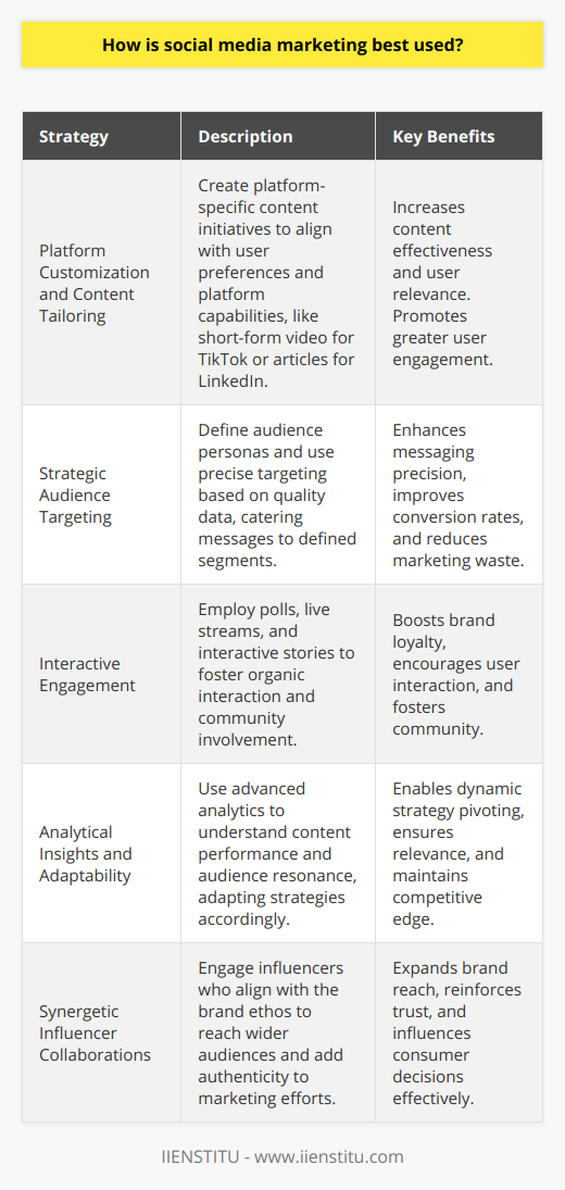 Social media marketing, when used correctly, becomes a powerful tool for connecting with consumers and building lasting brand awareness. Here are some sophisticated strategies for harnessing the full potential of social media marketing:Platform Customization and Content TailoringFor social media marketing to really take off, it is paramount to cater content to the specific nuances of each platform. This isn't just recycling the same content across the board, but rather creating platform-specific initiatives. For example, leveraging short-form video on TikTok, professional articles on LinkedIn, and engaging threads on Twitter. Understanding the unique language and user expectations within each platform can exponentially increase the effectiveness of the content.Strategic Audience TargetingAudiences on social media are diverse and vast, making targeting and segmentation crucial. Developing personas and precise targeting strategies can streamline efforts towards the right audience segments. Quality data and a clear understanding of who you are trying to reach can convert general messaging into targeted conversations.Interactive EngagementEngagement continues to be the heartbeat of social media success. It's about creating content strategies that not only inform but invite interaction. Polls, live streams, and interactive stories are not just trends but opportunities for brands to engage organically with audiences. When a brand steps up its game in replying and interacting, it solidifies its place within the social community as attentive and approachable—a reputation that pays off in loyalty and advocacy.Analytical Insights and AdaptabilityThe rich vein of real-time data available on social media platforms is a goldmine for marketers. Advanced analytics give us a peephole into the performance of our content and campaigns. This isn't just number crunching; it's about interpreting the data to really understand what resonates with the audience and why. Brands that fine-tune their approaches based on this feedback position themselves to stay ahead of the curve in an ever-evolving digital landscape.Synergetic Influencer CollaborationsIntegrating influencer marketing is more than just a passing trend; it's an endorsement strategy that today's discerning consumers trust. When influencers with integrity and relevance to a brand's ethos share content, it doesn't just reach wider circles; it carries an inherent recommendation that has a higher chance of influencing purchase decisions. Strategic influencer partnerships can bring authenticity to campaigns, helping brands to tap into new demographics.In crafting an effective social media marketing approach, brands need to remember that it is both an art and a science. The platforms themselves are not static but evolving organisms, and to best use social media marketing, marketers must evolve with them. They must innovate within the realms of content creation, audience engagement, and influencer collaboration while applying analytical rigor to perfect their approaches over time.