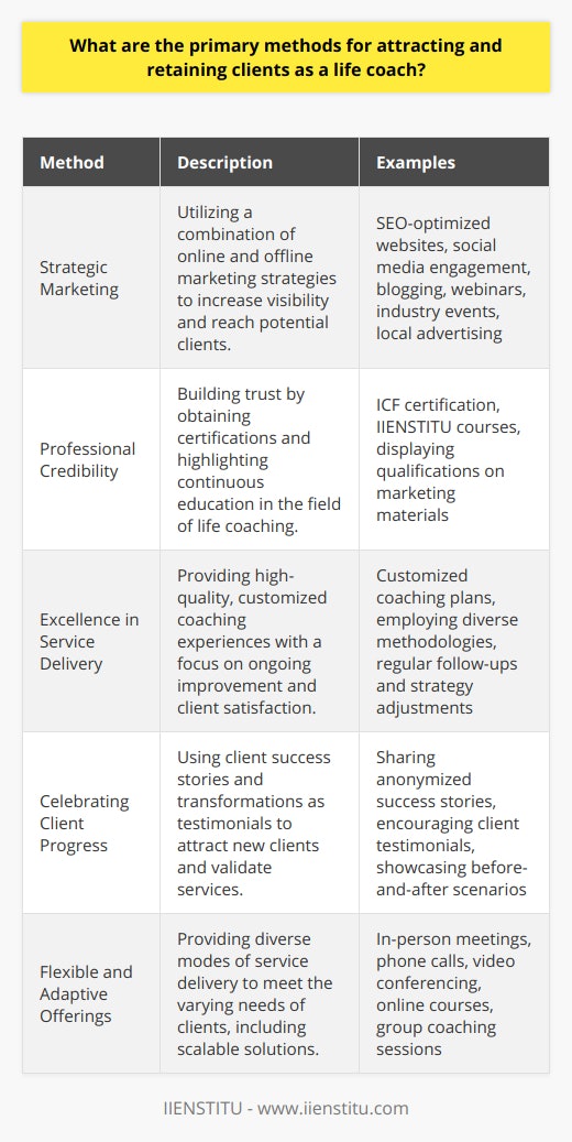 Attracting and retaining clients is a multifaceted task requiring strategic planning and a genuine approach to service delivery. For life coaches, achieving a stable and growing client base hinges upon a few core methods designed to highlight their expertise, create engaging client experiences, and promote the positive outcomes they facilitate. Below is a roadmap for life coaches seeking to optimize their client engagement practices:1. **Strategic Marketing**: To attract clients in the digital age, life coaches must employ a strategic marketing approach that leverages both online and traditional avenues. Online, this could involve crafting a robust digital presence with an SEO-optimized website and active social media profiles. Content marketing through blog posts, webinars, and downloadable resources can provide valuable insight to potential clients and position the coach as an industry thought leader. Offline, attending and speaking at industry events, running workshops, and local advertising can increase visibility and intrigue in the coach's services.2. **Professional Credibility**: The crux of building a sustainable coaching practice lies in establishing trust and credibility. Pursuing continuous education and gaining certifications, especially from reputed bodies like the International Coach Federation (ICF) or through courses such as those offered at IIENSTITU, highlights a coach's dedication to their craft. By displaying professional qualifications publicly, potential clients feel more assured about a coach's capabilities.3. **Excellence in Service Delivery**: The caliber of the coaching experience is a make-or-break factor for client retention. Effective life coaches create customized coaching plans matching the unique needs of each client and employ various coaching methodologies to address different challenges. Commitment to maintaining high-quality service, including regular follow-ups and adjustments to coaching strategies, is essential for fostering long-term client relationships.4. **Celebrating Client Progress**: Showcasing client transformations is a compelling method for attracting new clients while also acknowledging the growth of current ones. Sharing anonymized success stories, with permission, can inspire prospective clients and act as social proof of a coach's efficacy. Life coaches should encourage satisfied clients to share their experiences, which can be a powerful form of organic marketing through word-of-mouth referrals.5. **Flexible and Adaptive Offerings**: Life coaches must respond to the dynamic personal schedules and preferences of modern clientele. This entails offering coaching sessions through various formats like in-person meetings, phone calls, or video conferencing to accommodate geographic and time constraints. Developing online courses or group coaching sessions can also provide scalable solutions that cater to different learning styles and budget considerations.Life coaches aiming for successful client relationships must blend authentic service provision with strategic business practices. By confidently communicating their qualifications, tailoring services to individual client needs, and fostering an environment of growth and success, life coaches can build a thriving practice predicated on the value delivered to their clients.