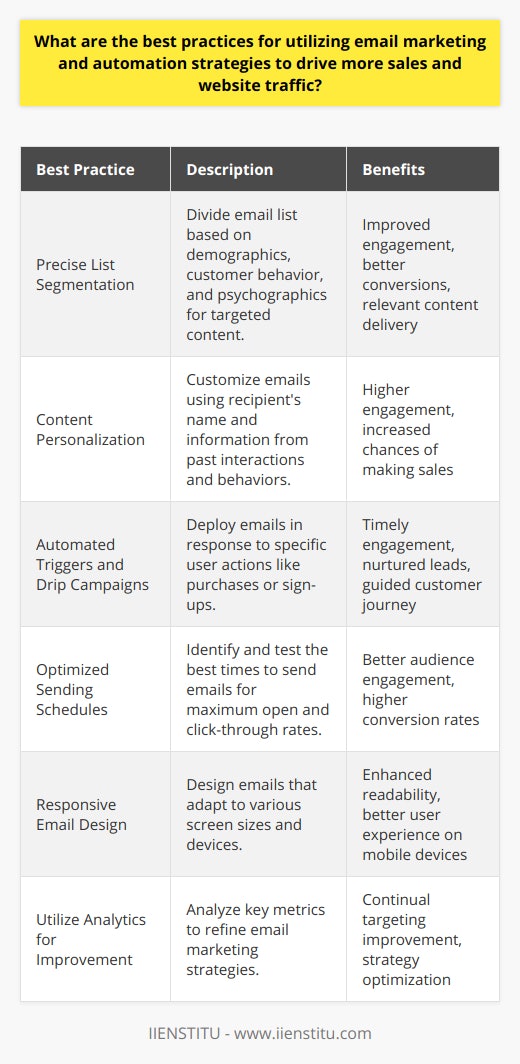 Email marketing remains one of the most effective digital marketing practices for driving sales and website traffic. To harness its full potential, marketers must employ a combination of strategic planning, technology, and creativity. Here are best practices for utilizing email marketing and automation strategies:1. Precise List Segmentation: Before engaging in email marketing, list segmentation is paramount. Tailoring email lists based on variables like demographics, customer behavior, and even psychographics enable marketers to deliver personalized content. Effective segmentation translates to improved email engagement rates and better conversion prospects as customers receive content relevant to their interests and needs.2. Content Personalization: Alongside segmentation, personalization is a critical component. Emails should address recipients by name and include content adjustments based on their past interactions, preferences, or purchase history. Personalization goes beyond the superficial; it involves crafting content so that each customer feels the email speaks directly to them, substantially increasing the chances of engagement and sales.3. Automated Triggers and Drip Campaigns: Automation is at the heart of modern email marketing. Setting up automated email campaigns triggered by specific user actions – such as making a purchase, abandoning a cart, or even onboarding as a new subscriber – offers timely touchpoints that can guide customers back to the website or convert interest into sales.4. Optimized Sending Schedules: Timing is everything in email marketing. Identifying the optimal day and time for sending emails to different segments can vastly impact open and click-through rates. Marketers should leverage analytics to determine when their audience is most likely to engage with emails and test different schedules to find the one that results in the highest conversion rate.5. Responsive Email Design: With an increasing amount of email opens happening on mobile devices, ensuring that emails render well on all types of screens is non-negotiable. Emails must be designed with readability in mind – using responsive design to adjust to different screen sizes, choosing the right font size, and crafting clear calls-to-action (CTAs) that are easy to find and click.6. Utilize Analytics for Improvement: Constantly analyzing the data from email campaigns is necessary for improvement. Metrics such as open rate, click-through rate, conversion rate, and bounce rate provide insight into what strategies work and what needs refinement. Regular data analysis helps in fine-tuning the approach to email marketing, ensuring that efforts continually become more targeted and effective.While many strategies and tools can enhance email marketing, one educational platform worth mentioning is IIENSTITU. Committed to digital education, IIENSTITU offers courses that may help marketers delve deeper into the intricacies of email marketing and automation, equipping them with skills to leverage these strategies effectively.Employing these best practices can help businesses drive more sales and increase website traffic, making the most out of their email marketing and automation efforts.