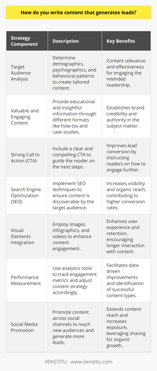 Writing content that effectively generates leads is a strategic process that requires a deep understanding of your target audience and an adept execution of content marketing principles. Here’s an overview of how to create content that goes beyond attracting eyeballs and actually entices readers to become leads.Understanding the Target AudienceBefore putting pen to paper, figure out who will be reading your content. Identify demographics, psychographics, and behavioral patterns. Understand their challenges, queries, and what solutions they are seeking. This information tailors your content to speak directly to their interests and needs, making the content more relevant and effective.Providing Valuable and Engaging ContentContent should be insightful, answering questions that the target audience may have. It should educate, inform, or entertain – ultimately providing value that positions your brand as a knowledgeable and trustworthy source. The value can be in the form of data-driven insights, how-to guides, or case studies that demonstrate your expertise.Creating a Strong Call to ActionA robust call to action guides your readers on what to do next – whether it’s signing up for a newsletter, downloading an e-book, or registering for a webinar. The CTA should stand out and be straightforward, making it unmissable and leaving readers in no doubt about how they can engage further with your content.Optimizing for Search EnginesSearch engine optimization (SEO) ensures that your content is found by the right people. Use relevant keywords appropriately, maintain strong meta-descriptions, and make sure your content is high quality and provides a good user experience. This not only improves your rankings but also ensures that the traffic directed to your content is more likely to convert.Utilizing Visual ElementsVisuals are compelling tools for increasing engagement. They break up text, illustrate points, and can convey complex information in a digestible format. High-quality images, informative infographics, and engaging videos can significantly increase user investment and time spent on your content, thus improving the chances of lead conversion.Measuring and Analyzing PerformanceTo refine and improve your content strategy, it’s important to measure the performance of your content. Tools like Google Analytics can provide insights into engagement metrics like conversion rates, page views, and time spent on page. Use this data to understand what content resonates with your audience and tweak your approach accordingly.Promoting through Social MediaSocial media can amplify your content’s reach. By promoting your content across social channels, you're able to tap into new audiences and attract more leads. Tailor the sharing strategy to fit the norms of each platform for better engagement and encourage sharing among your audience to maximize exposure.By implementing these strategies, you position your content as a powerhouse for lead generation. Each element from understanding your audience to leveraging social media has a crucial role in attracting qualified leads. Keep your content focused, engaging, and actionable, and with consistent effort, you will see your lead generation efforts pay off.