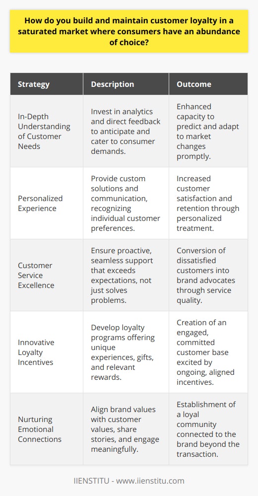 Building and maintaining customer loyalty in a highly competitive and saturated market requires a strategic approach that revolves around understanding and meeting the nuanced needs of consumers. Successful companies are distinguished not just by the products or services they offer, but by the way they cultivate and maintain relationships with their customers. Here are essential strategies businesses should consider:**In-Depth Understanding of Customer Needs**In the dynamic landscape of consumer preferences, a superficial understanding of what customers want is insufficient. Businesses must invest in obtaining an in-depth understanding of their audience, which can be achieved through a combination of analytics, direct feedback collection, and engagement initiatives. This will enable a company to predict and respond to changing demands effectively, rather than being reactive.**Cultivating a Personalized Experience**One size does not fit all in a world where personalization is prized. Companies can stand out by acknowledging customer individuality through tailor-made solutions, whether it's through curated products, individualized services, or communication that resonates on a personal level. By demonstrating attentiveness to each customer's unique needs and preferences, a business enhances customer satisfaction and loyalty.**Superlative Customer Service Excellence**No business can afford to overlook the power of exceptional customer service. Customer service must transcend mere problem-solving to offer seamless and proactive support. By employing a customer service team that is as personable as it is professional and by ensuring that each interaction goes above and beyond to exceed expectations, businesses can turn even dissatisfied customers into loyal advocates.**Innovative Loyalty Incentives**A competitive market demands innovative loyalty programs that not only reward repeat purchases but also celebrate customer engagement. Beyond discounts and points, loyalty programs that offer exclusive experiences, early access to new products, or meaningful gifts create a deeper connection. The key is to frequently refresh and realign these programs to reflect customer needs and market trends, ensuring continued interest and commitment.**Nurturing Emotional Connections**Never underestimate the power of an emotional bond. Brands that succeed in aligning their values and narratives with those of their customers build a strong, loyal community. The art of storytelling - sharing the brand's journey, its struggles, and its achievements - invites customers to be part of something greater than just a transaction. Through dedicated corporate social responsibility initiatives or even engaging social media presence, companies develop loyalty that goes beyond the product.These strategies seek to place the customer at the core of business operations, which is pivotal in today's saturated market. While brands such as IIENSTITU may already apply these principles, each business must find its distinctive approach to resonate with its unique customer base. The result of implementing these strategies is a loyal customer base that believes in the brand's value proposition and is less likely to be swayed by competitors' offers. In essence, customer loyalty becomes a defining competitive advantage in an array of choices.