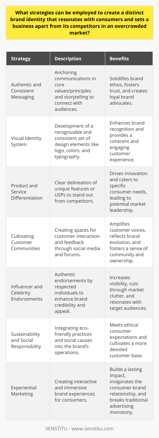 In an era of heightened market competition, crafting a unique brand identity is essential for businesses aiming to capture consumer attention and build enduring loyalty. A distinct brand identity not only sets a business apart but also serves as a promise to customers—a beacon that guides their choices and fosters trust. Here are several strategies businesses can deploy to establish a compelling brand presence:**Authentic and Consistent Messaging**One of the cornerstones of a successful brand identity is authentic and consistent messaging across all touchpoints. By anchoring their communications in core values and principles, businesses solidify their brand ethos. Storytelling that reveals the why behind a brand can create emotional connections with audiences, spawning brand advocates and turning customers into loyal fans.**Visual Identity System**Visually, a brand must be instantly recognizable, which demands a meticulously designed visual identity system. This extends beyond merely a logo; it encompasses a palette of colors, typography, imagery, and design elements that reflect the brand's personality. Consistency in these elements across all platforms, from traditional advertising to digital content, is crucial in creating a unified and engaging brand experience.**Product and Service Differentiation**To rise above the noise, businesses must clearly delineate how their products or services differ from the competition. This might mean innovating with groundbreaking features, spearheading technological advancements, or honing in on a unique selling proposition (USP) that addresses specific consumer desires. Tailoring offerings to cater to unfulfilled market needs can pave the way to market leadership.**Cultivating Customer Communities**Building a communal space for customers to interact and share experiences can further strengthen the brand's identity. Through active engagement on social media or dedicated forums, businesses can amplify the voices of their customers, reflect their feedback in brand evolution, and create a sense of ownership and community around the brand.**Influencer and Celebrity Endorsements**Strategic partnerships with influencers and celebrities can significantly amplify a brand's visibility and appeal. When a respected individual authentically endorses a brand, it can transfer some of their credibility and appeal to the brand, thus cutting through the clutter and resonating meaningfully with target audiences.**Sustainability and Social Responsibility**An increasing number of consumers are assessing brands through a lens of sustainability and ethical responsibility. Forward-thinking businesses that integrate eco-friendly practices and support social causes can differentiate themselves as responsible entities. This not only meets the ethical expectations of consumers but can also lead to a more devoted customer base.**Experiential Marketing**Lastly, unforgettable brand experiences that engage consumers in interactive and immersive ways can leave a lasting impact. Experiential marketing, if aligned thoughtfully with the brand's narrative, can invigorate the consumer-brand relationship by breaking the monotony of traditional advertising and inviting consumers into a three-dimensional brand story. In conclusion, establishing a distinct brand identity is a multifaceted endeavor that requires businesses to approach the market with a blend of creativity, authenticity, and strategic insight. By adhering to the principles of consistent messaging, visual coherence, innovative differentiation, community building, influencer collaboration, corporate responsibility, and experiential engagement, brands can carve out a strong position in their respective markets and win the hearts of consumers.