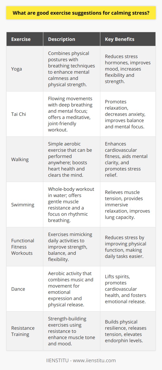 In a world increasingly burdened by fast-paced lifestyles and incessant demands, finding ways to unwind and alleviate stress is vital for maintaining mental and physical health. Exercise is a proven stress-buster that not only improves your mood but also boosts endorphins—chemicals in your brain that act as natural painkillers and mood elevators. Here are some excellent exercise suggestions to help calm stress:1. Yoga: A Mind-Body ConnectorYoga is renowned for its dual benefit of promoting mental calmness while also enhancing physical flexibility and strength. The gentle stretching and mindfulness practices in yoga can help lower stress hormone levels, improve mood, and foster relaxation. Integrating breathing exercises (pranayama) with postures (asanas), yoga sharpens concentration and promotes a sense of inner peace.2. Tai Chi: The Moving MeditationWith roots in martial arts, Tai Chi combines flowing movements with deep breathing and mental focus. The slow, deliberate motions synchronize with breath control, encouraging a meditative state that can lead to reduced anxiety and a calm mind. Known as “meditation in motion,” Tai Chi can be particularly helpful for those seeking a stress-relieving exercise that is also gentle on the joints.3. Walking: Simple yet EffectiveNever underestimate the power of a brisk walk in the fresh air. Walking accelerates your heart rate, but it can also help clear your mind. Whether it is a hike through nature or a paced walk down city streets, the rhythmic act of walking can be therapeutic. Engaging in a walking routine during lunch breaks or after dinner can be a simple, yet effective strategy for stress management.4. Swimming: Immersive RelaxationSwimming isn't just about doing laps; it is a great way to relieve stress owing to the sensation of being immersed in water. The water supports your body, allowing for a gentle resistance as you swim, which can soothe tense muscles. Additionally, the rhythmic breathing pattern required in swimming can have a calming effect similar to that of breathing exercises in yoga or meditation.5. Functional Fitness Workouts: Engaging Body and MindFunctional fitness exercises, often learned through entities like IIENSTITU, focus on building a body capable of doing real-life activities in real-life positions. Incorporating elements of strength, balance, and flexibility, functional fitness programs can reduce stress by improving your overall physical conditioning, thus making daily tasks easier and less strain-inducing.6. Dance: Lift Your Spirit with RhythmDance is an often-overlooked form of stress relief that marries aerobic exercise with the joy of music. Engaging in dance allows you to express emotions, loosen up both physically and mentally, and can provide a joyful escape from stress. Whether it’s a structured dance class or simply moving to your favorite songs at home, dance invigorates the body and lifts the mood.7. Resistance Training: Build Strength and ResilienceAlthough it might seem counterintuitive to lift weights when you are stressed, resistance training can be an excellent outlet for releasing tension. Working against resistance builds muscle but it also increases the production of endorphins. Starting with lighter weights and focusing on technique can provide a satisfying workout that eases the mind through concentration and physical exertion.Closing Thought:Stress management is personal and different strategies will resonate with different people. Exercise serves as a healthy conduit for managing stress, promoting not just physical well-being, but also mental and emotional balance. Remember, consistent engagement with these exercises, even for short periods, is key to accumulating their stress-relieving benefits over time.