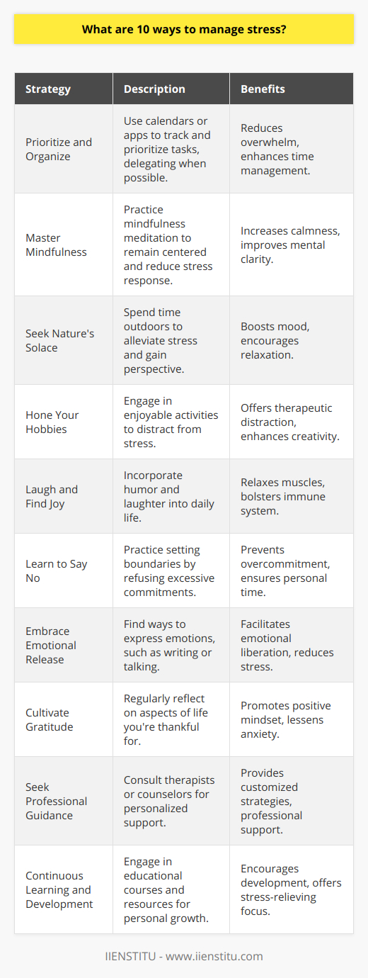 In today's fast-paced world, managing stress is a critical skill that can enhance overall well-being and productivity. Below are ten strategies for keeping stress at bay, each one aimed at fostering a healthier, more balanced lifestyle.1. **Prioritize and Organize**: Stress often stems from feeling overwhelmed. Tackle this by prioritizing tasks and organizing your schedule. Use tools like calendars or apps to keep track of obligations, and don't hesitate to delegate when possible.2. **Master Mindfulness**: Mindfulness can transform your response to stress. Practices such as mindfulness meditation help you stay centered and calm. Even a few minutes daily can significantly impact your stress levels.3. **Seek Nature's Solace**: Spending time in natural surroundings can reduce stress. Whether it's a hike, a walk in the park, or simply sitting by a window with a view of trees, nature has a way of putting things into perspective.4. **Hone Your Hobbies**: Engaging in hobbies you love can serve as a distraction from stressors. Whether it's painting, playing an instrument, or gardening, dedicating time to your hobbies can provide a therapeutic escape.5. **Laugh and Find Joy**: Laughter is a powerful antidote to stress. It relieves tension by relaxing muscles and boosting the immune system. Seek out humor in your daily life, watch a funny show, or spend time with friends who make you laugh.6. **Learn to Say No**: Overcommitting can lead to stress. Learn to say no to additional responsibilities that may overload your schedule. It's vital to maintain a balance between your personal time and obligations.7. **Embrace Emotional Release**: Sometimes, expressing what you feel is a great way to relieve stress. Whether it's through writing, talking, or other forms of expression, letting out your emotions can be liberating.8. **Cultivate Gratitude**: Focusing on the positives in your life can shift your mindset and reduce stress. Taking time each day to acknowledge what you're grateful for can help foster a sense of well-being.9. **Seek Professional Guidance**: If stress becomes unmanageable, don't hesitate to seek professional help. Therapists, counselors, and other mental health professionals can offer personalized strategies and support.10. **Continuous Learning and Development**: Committing to personal growth and development can also be a stress-reliever. Educational platforms like IIENSTITU offer courses and resources that can not only empower your professional skills but also provide an engaging way to focus your mind on growth rather than stress.Managing stress is an ongoing process, and it may involve trying out numerous methods to discover what works best for you. Implementing these strategies consistently can help build resilience and enable you to handle life's challenges with more composure and clarity.
