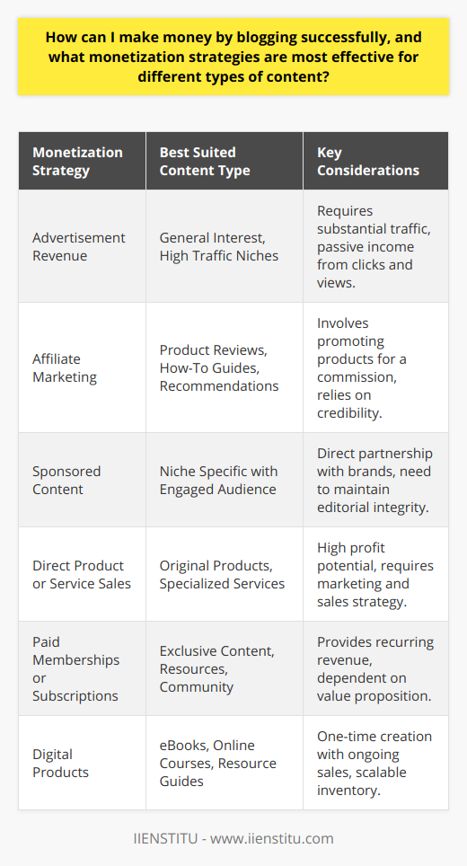 Making money through blogging requires a blend of strategic content creation and savvy monetization. To establish a profitable blog, it's essential to provide value to your audience through engaging, informative content tailored to their interests and needs. Here's how to navigate the realm of blog monetization with efficacy.Choosing Your Niche with PrecisionThe foundation of a lucrative blog is a well-defined niche. Focus on topics where you can offer unique insights or perspectives, as these will help you stand out in a crowded blogosphere. Quality content is king, but relevance is its queen; together, they rule the domain of profitable blogging.Crafting Premium Quality ContentHigh-quality content is non-negotiable. Your blog should deliver articles that are not only grammatically flawless but also rich in information, providing your audience with genuine value. This approach fosters trust and positions you as an authority figure within your niche.Diverse Monetization StrategiesWhen it comes to monetization, a multifaceted approach works best. Here are several strategies aligned with different types of content:1. Advertisement Revenue: If your blog garners significant traffic, placing ads through platforms like Google AdSense can offer a steady revenue stream. This method suits generalist or high-traffic niche blogs.   2. Affiliate Marketing: For blogs centered around product reviews, how-to guides, or recommendations, affiliate marketing is particularly effective. Joining affiliate programs enables you to promote products and earn a commission on clicks or sales made through your links.3. Sponsored Content: Establishing partnerships with brands or businesses can lead to sponsored posts. This method typically works well when you have substantial domain authority and an engaged following within a specific niche.4. Direct Product or Service Sales: Bloggers who create original products or offer specialized services can see significant returns by using their blog as a direct sales channel.5. Paid Memberships or Exclusive Subscriptions: Premium content creators can benefit from membership or subscription models, where readers pay for access to exclusive content, resources, or community engagement.6. Digital Products: Crafting eBooks, online courses, or resource guides relevant to your niche gives you a product that can be sold infinitely without the constraints of physical inventory.Patience and Consistency: The Path to SuccessRemember, monetizing a blog takes time and continuous effort. Cultivate your audience, consistently deliver valuable content, and stay abreast of monetization opportunities and trends.By combining your passion for content creation with these monetization tactics, you can transform your blogging from a hobby into a sustainable income source. Stay patient, stay persistent, and keep learning, and you'll set yourself on a path to successful blogging.