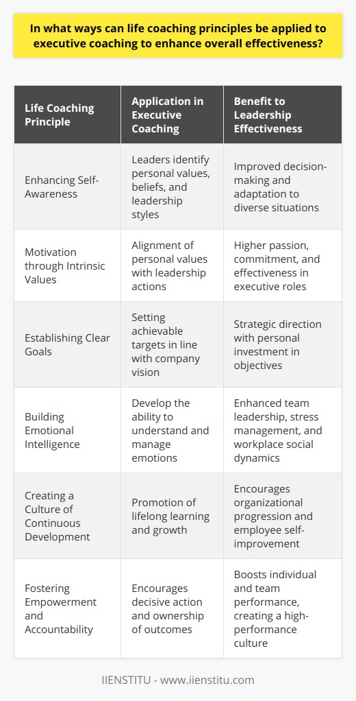 Life coaching principles, when integrated into executive coaching, can catalyze personal development and professional growth, thus increasing leadership efficacy. These principles emphasize the holistic development of the individual, which can enrich the approach to executive coaching.Enhancing Self-Awareness for Leadership GrowthAt the heart of life coaching is the emphasis on self-awareness, a pillar that is fundamental in honing executive capabilities. This principle guides leaders in identifying their core values, beliefs, and leadership style, acting as a compass for personal and professional decisions. A heightened self-awareness allows executives to make more informed choices, tailor their approach to diverse situations, and improve their interactions with others.Motivation through Intrinsic ValuesLife coaching helps individuals tap into their intrinsic motivation by aligning their actions with their values and passions. When applied to executive coaching, this principle can ignite a leader's drive from within. Executives who are motivated by internal drivers are often more passionate, committed, and, consequently, more effective in their roles.Establishing Clear Goals and Purposeful DirectionLife coaching's focus on goal-setting can revolutionize an executive's strategic approach. By identifying clear, achievable targets, life coaching principles stipulate the importance of a purposeful direction, which can be mirrored in executive coaching. This alignment ensures that executives are not only setting goals in line with the company’s vision but are also inspired and personally invested in reaching them.Building Emotional IntelligenceEmotional intelligence is another essential component derived from life coaching that can be leveraged in executive coaching. This includes the ability to understand one's emotions as well as the emotions of team members. Coaches employing this principle can develop emotionally intelligent leaders who are equipped to handle stress, lead teams with empathy, and navigate the complex social dynamics of the workplace.Creating a Culture of Continuous DevelopmentLife coaching promotes the philosophy of lifelong learning and growth. When introduced to executives, this principle fosters a culture of continuous personal and professional development. This not only ensures that leaders are always progressing but also sets a precedent within the organization, encouraging all employees to seek improvement actively.Fostering an Empowering and Accountable EnvironmentLastly, life coaching principles impart the importance of empowerment and accountability, both crucial in executive settings. When coaches instill an empowering mindset, they encourage executives to take decisive action, be accountable for outcomes, and empower their teams. This not only boosts the leaders’ own effectiveness but also promotes a high-performance culture within the organization.Incorporating life coaching principles into executive coaching offers a robust framework for developing effective leaders. These principles are integral in creating a tailored coaching approach that nurtures organizational alignment, fosters goal attainment, and promotes a culture of empowerment and continuous growth. As a result, executive coaching grounded in life coaching principles can be transformative, leading to enhanced leadership effectiveness and a positive impact on organizational success.