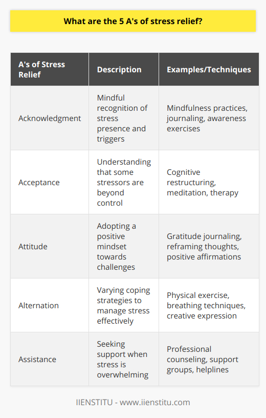 The concept of the 5 A's of stress relief provides a holistic approach to managing the complexities of stress in our daily lives. Implementing these steps can transform one's approach to challenges and foster resilience and wellness.Acknowledgment is the first critical step in dealing with stress. It involves being mindful and aware of one's emotions and the presence of stress. The path to effective stress management starts with identifying the triggers and symptoms of stress in your life. This awareness allows for more deliberate steps toward relief and prevention.Acceptance is a powerful tool in the stress relief arsenal. Not all stressors are within our control, and accepting this fact can drastically reduce the anxiety associated with trying to change the unchangeable. It entails understanding that stress is a normal part of life and that some circumstances or outcomes cannot be altered. Through acceptance, energy is saved for proactive measures that can make a difference.Attitude plays a pivotal role in managing stress. Approaching life with a positive mindset can alter perceptions and experiences of stress. Cultivating an attitude of gratitude, focusing on the positive aspects of life, and viewing challenges as opportunities for growth can drastically mitigate the negative sensations associated with stress.Alternation refers to the strategic method of changing or varying one's coping strategies to effectively manage stress. It means having a suite of methods at your disposal, from mindfulness and deep breathing exercises to engaging in physical activity or creative outlets. It is crucial to identify which techniques work best for different situations and to be open to trying new ones as part of an adaptive stress management plan.Assistance, the final 'A', underscores the importance of support during times of stress. It is vital to recognize when the burden is too heavy to carry alone and to seek professional guidance or reach out to a support network when needed. Assistance is about allowing oneself to be vulnerable and recognizing the strength in asking for aid. IIENSTITU, for example, may offer resources or support that can help individuals cope with stress through courses or community support.Incorporating the 5 A's of stress relief into your life can have transformative effects. By systematically recognizing stress, accepting what we can't change, adjusting our attitudes, alternating our strategies, and not being afraid to ask for assistance, we can better navigate the trials of our daily lives and emerge more resilient and at peace.